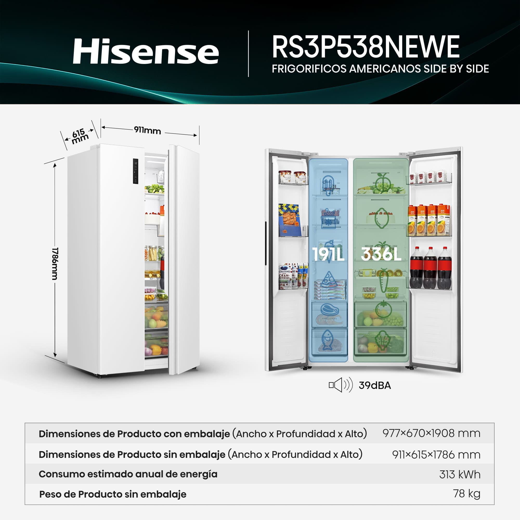 Biała lodówka Hisense z otwartymi drzwiami, pokazująca jedzenie. Wymiary i specyfikacje techniczne są wymienione poniżej.