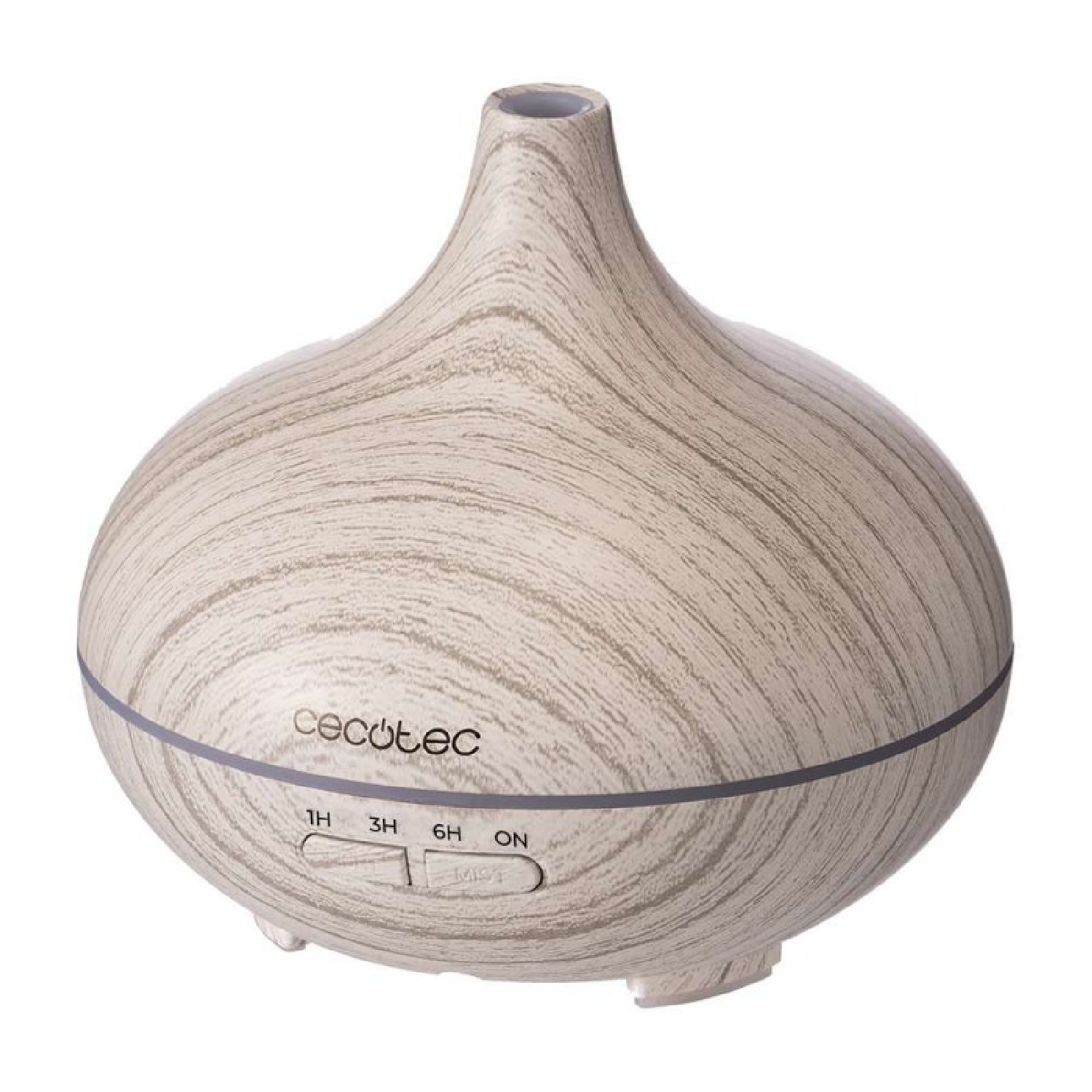 Un difusor de aromaterapia beige y gris. Tiene una textura de vetas de madera, una base redonda y una parte superior estrecha. Tiene botones de control.