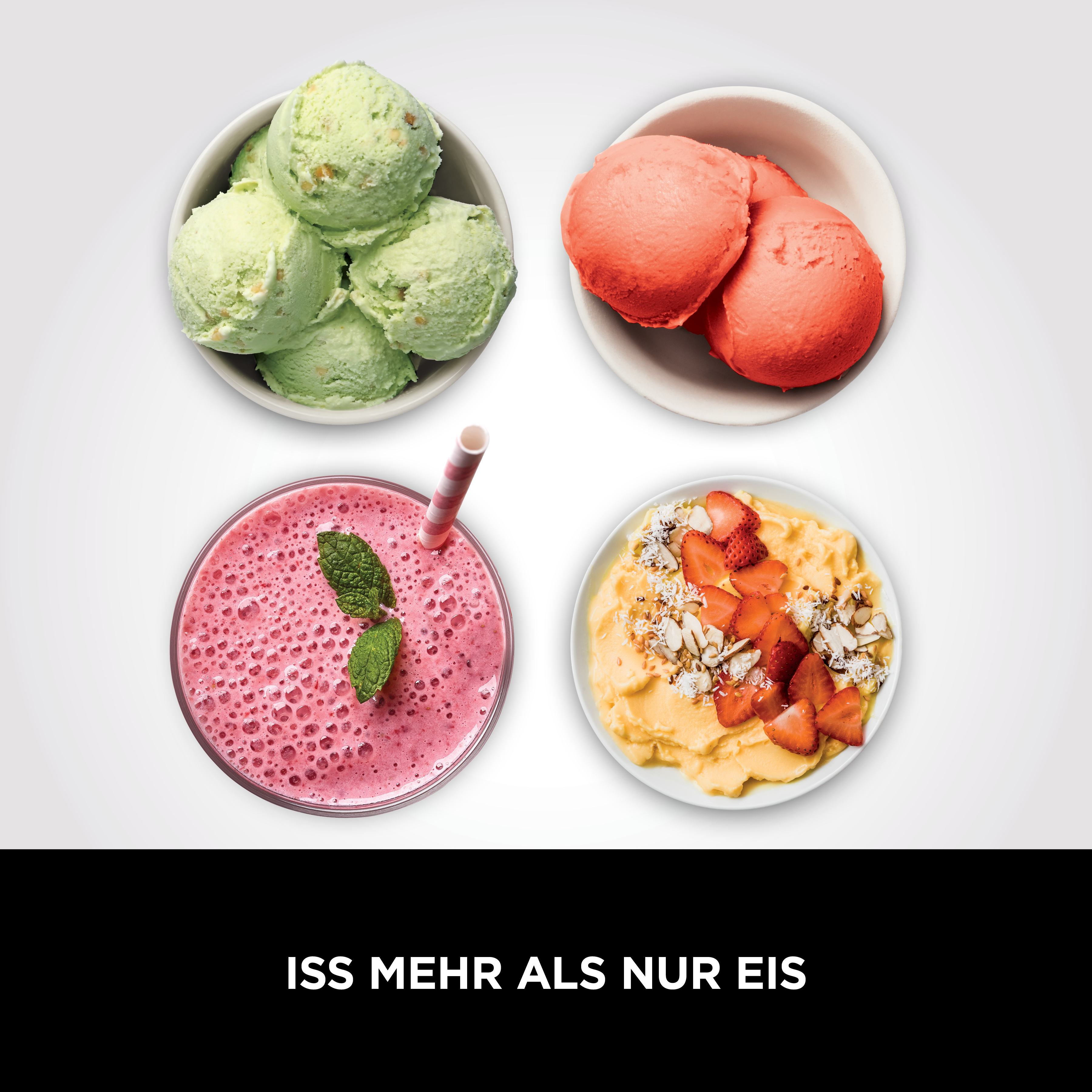 Image shows four bowls of food: green ice cream, orange ice cream, pink smoothie, and yellow dessert with strawberries.