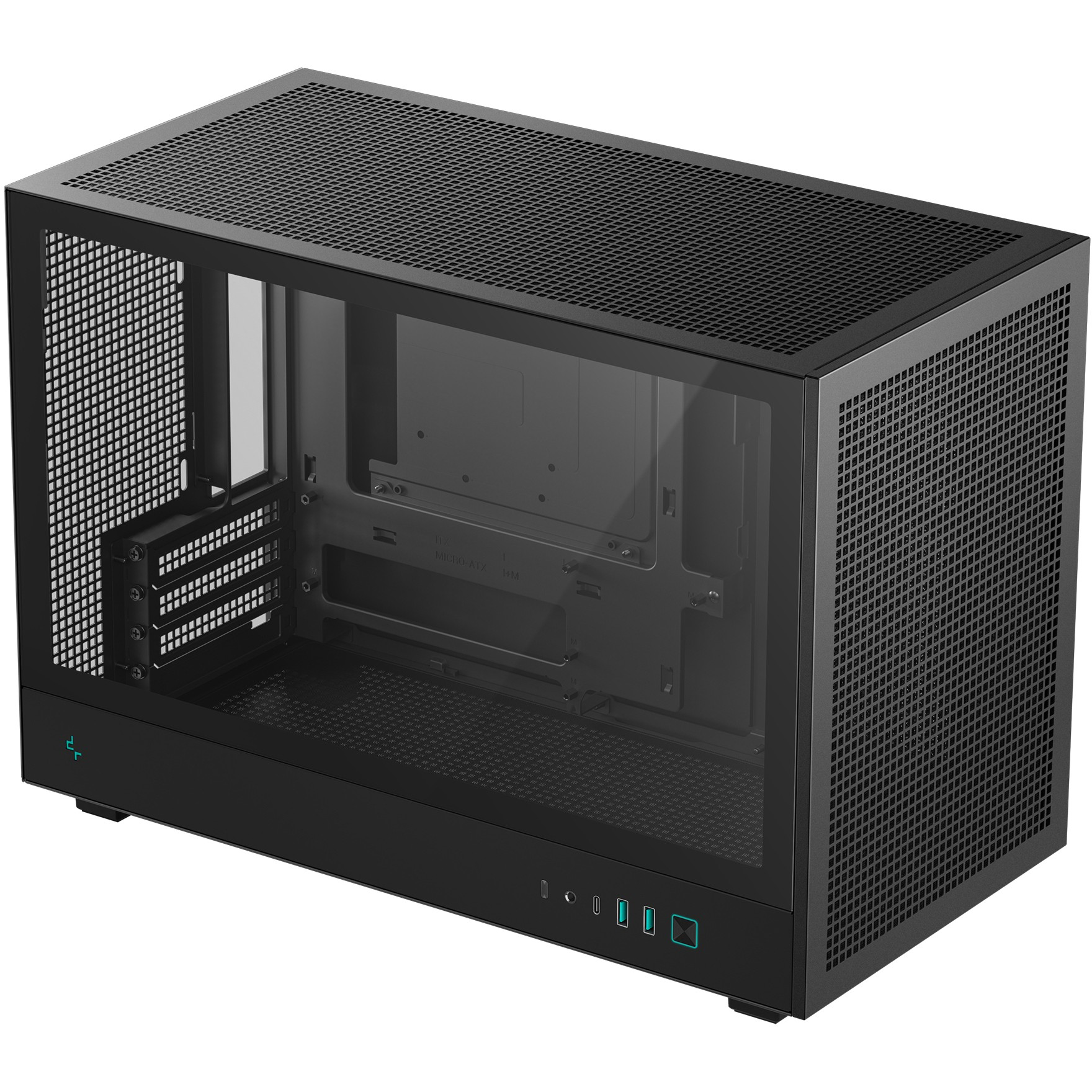 Case per computer nero. Ha un pannello laterale in vetro, una parte superiore a rete e diverse porte.