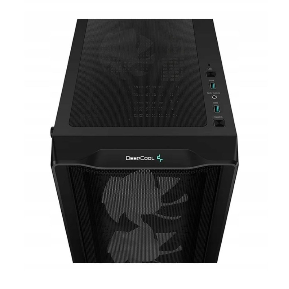 Czarna obudowa komputera. Logo DeepCool z przodu. Na górze porty zasilania i USB. Przedni panel z siatki z widocznym wentylatorem.