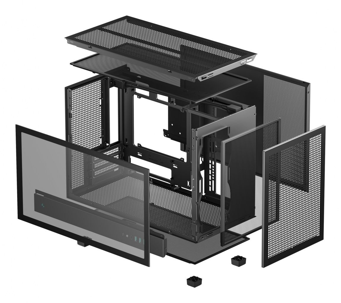 Vista esplosa di un case nero per computer. Mostra le parti separate: pannelli a rete, telaio e coperchio superiore. Presenti anche piccoli blocchi neri.