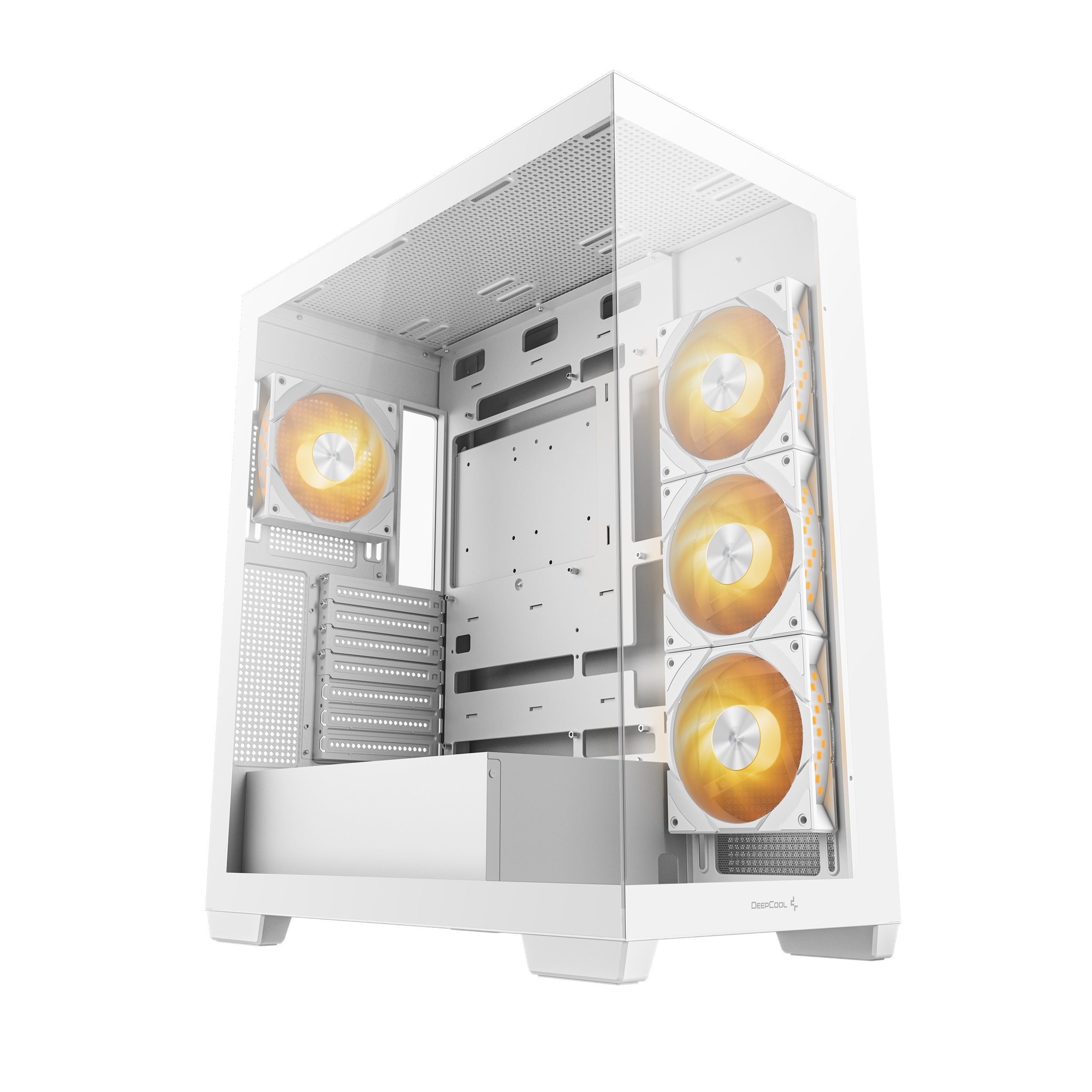 Weißes Computergehäuse mit Lüftern. Die Lüfter haben orangefarbene Lichter. Das Gehäuse hat eine Glasseitenwand.