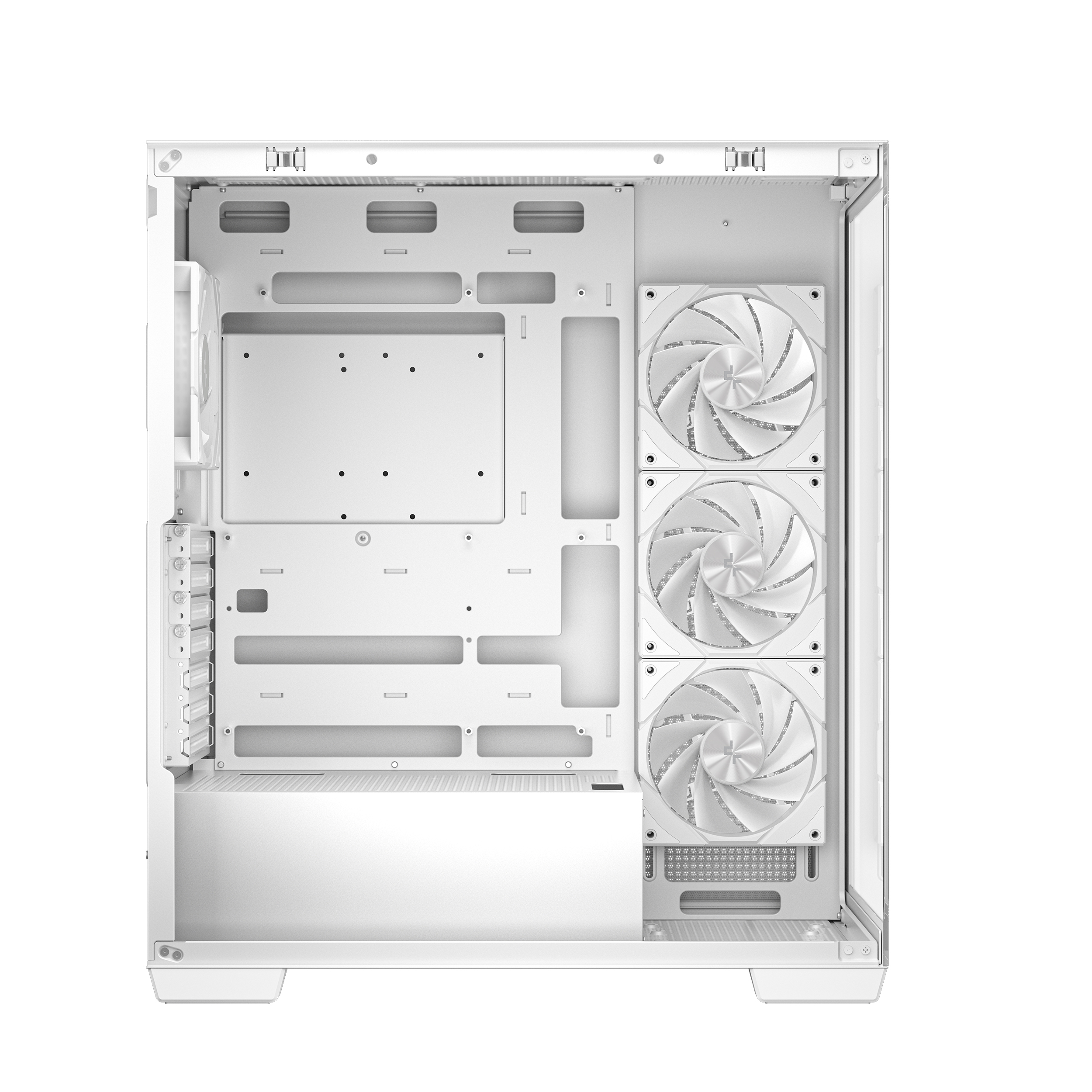 Weißes Computergehäuse innen. Drei Lüfter rechts. Verschiedene Öffnungen für Komponenten. Sauberes, modernes Design.