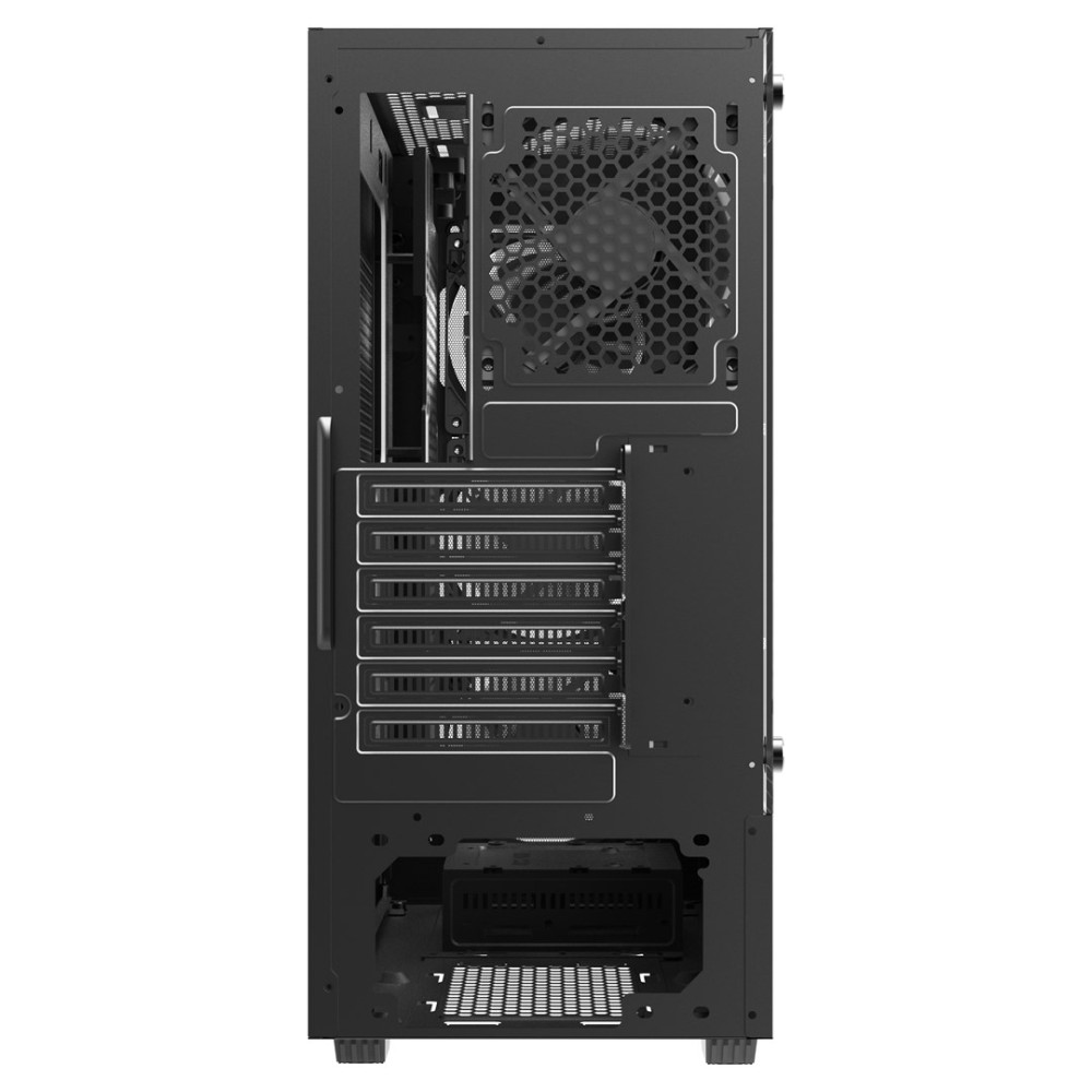 Czarne wnętrze obudowy komputera. Widoczny wentylator, gniazda rozszerzeń i różne przegródki. Obudowa jest otwarta.