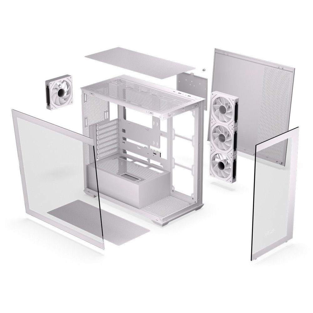 Widok rozłożony białej obudowy komputera, z oddzielnymi komponentami, takimi jak wentylatory, panele boczne i główna rama.