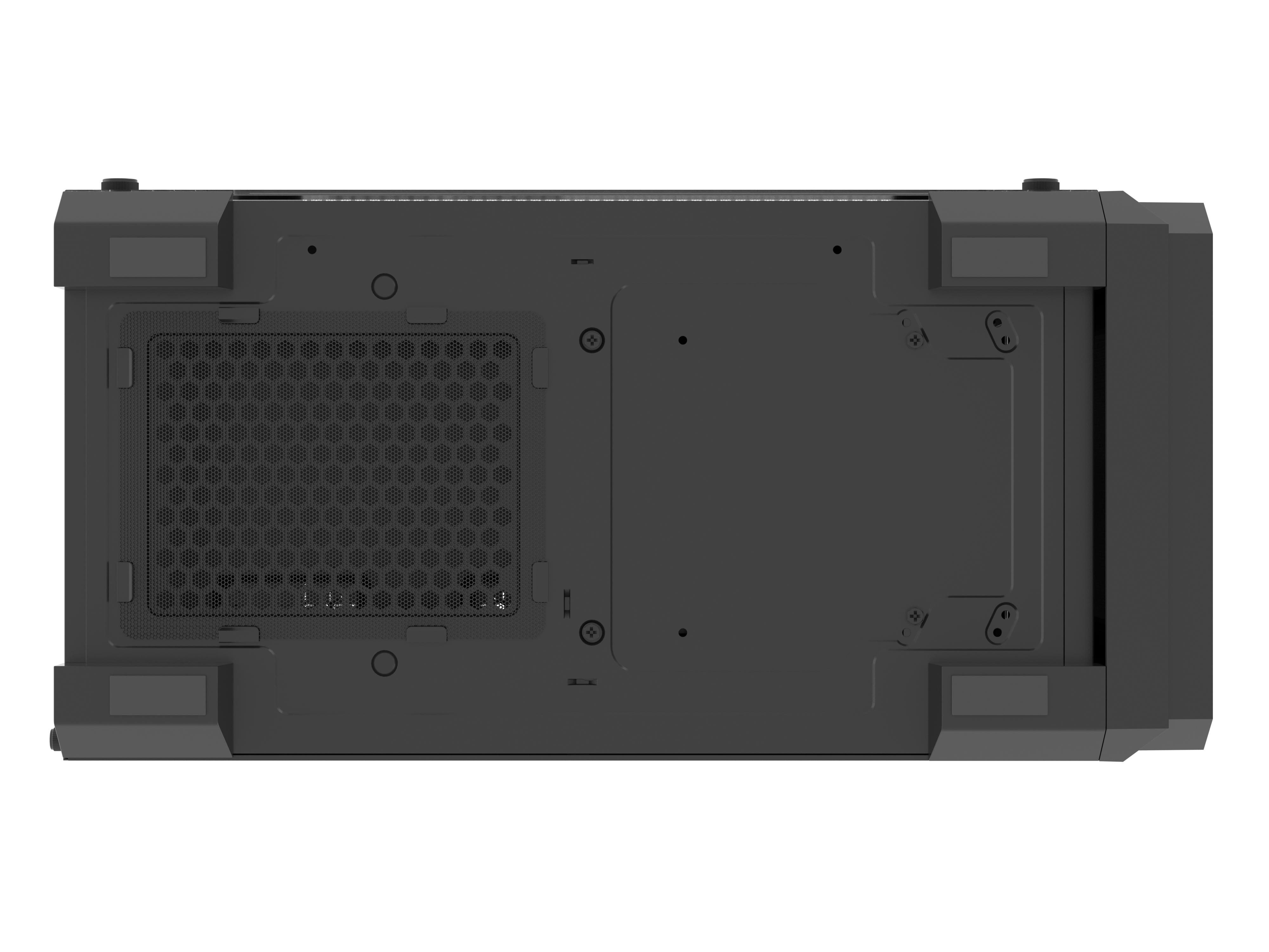 Widok od dołu obudowy komputera. Jest czarna z siatką i solidnymi panelami. Są nóżki i otwory na śruby.