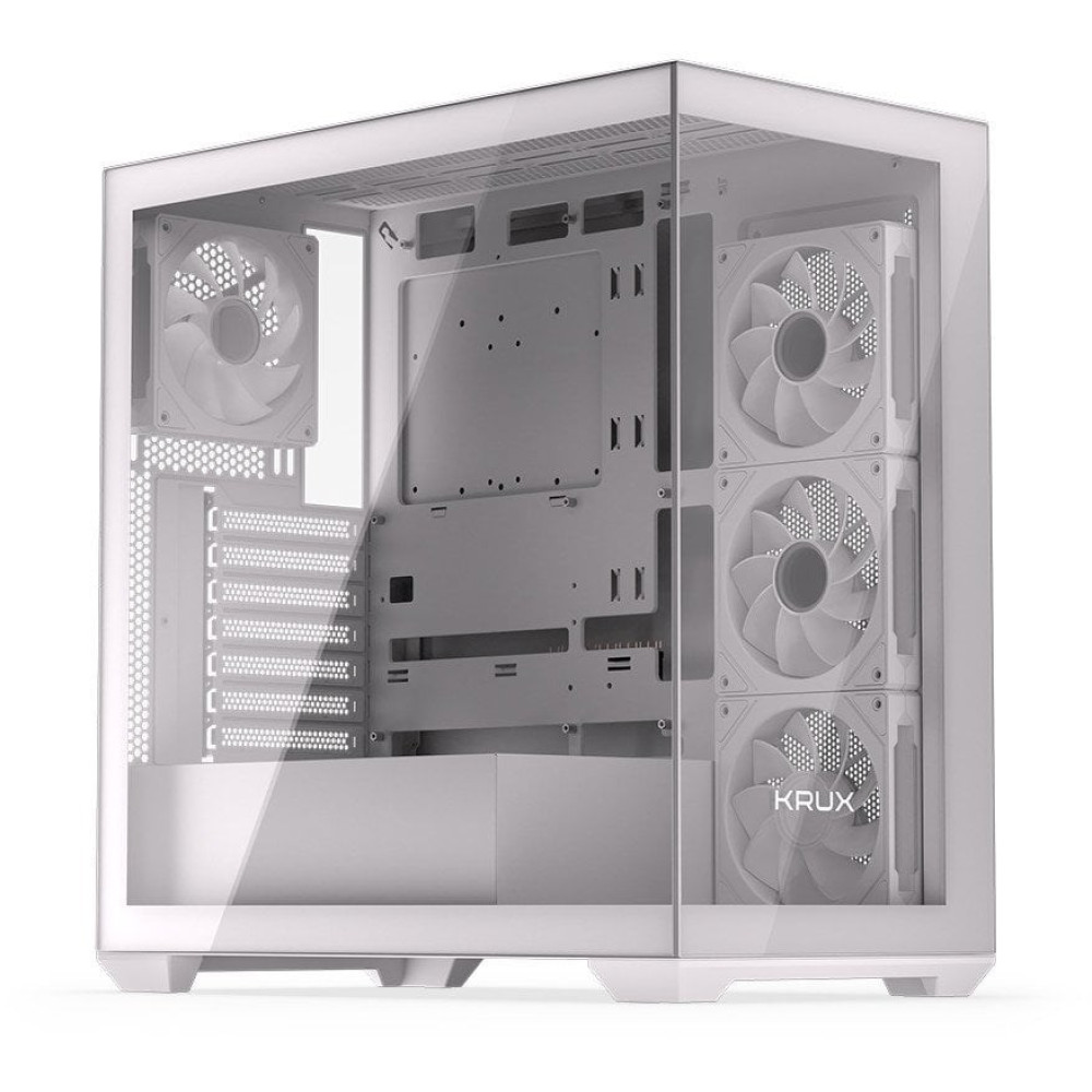 Biała obudowa komputera ze szklanymi panelami, wentylatorami i widocznymi elementami wewnętrznymi. Obudowa ma nowoczesny design.