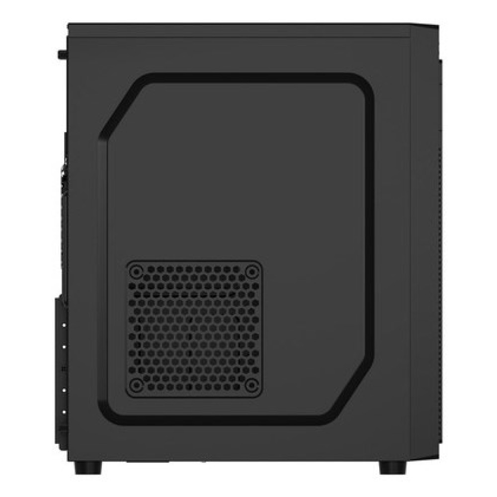 Widok z boku czarnej obudowy komputera. Ma otwór wentylacyjny z kratką i duży, wpuszczany panel.