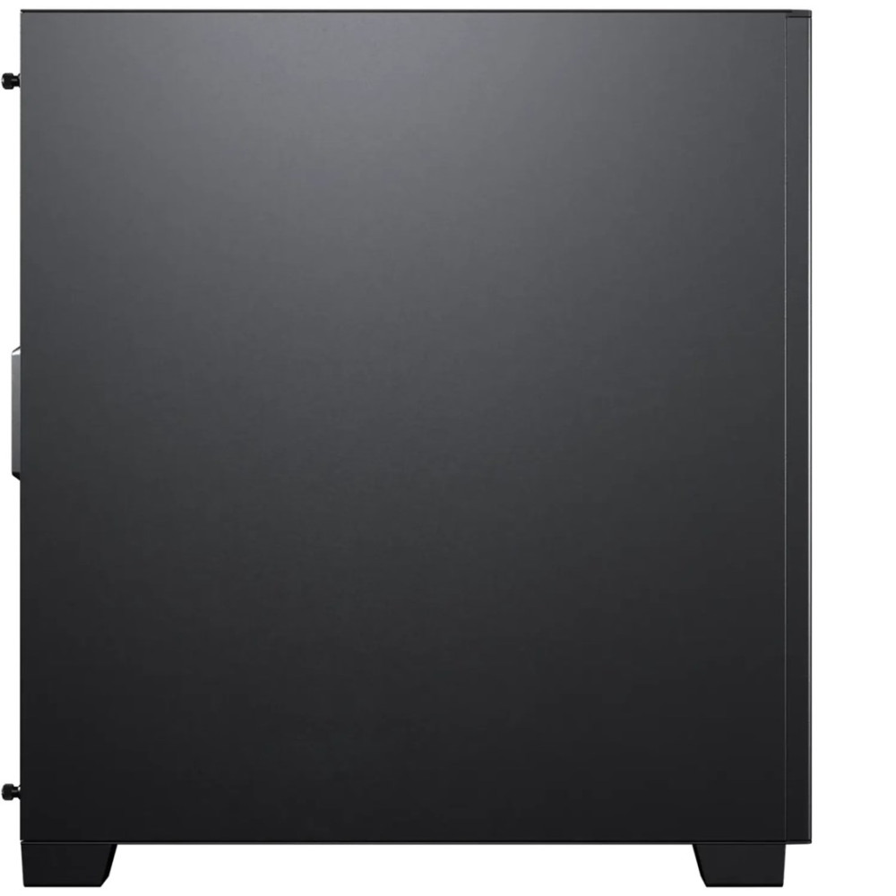 Widok z boku czarnej obudowy komputera. Ma uchwyt, śruby i spoczywa na dwóch małych nóżkach.