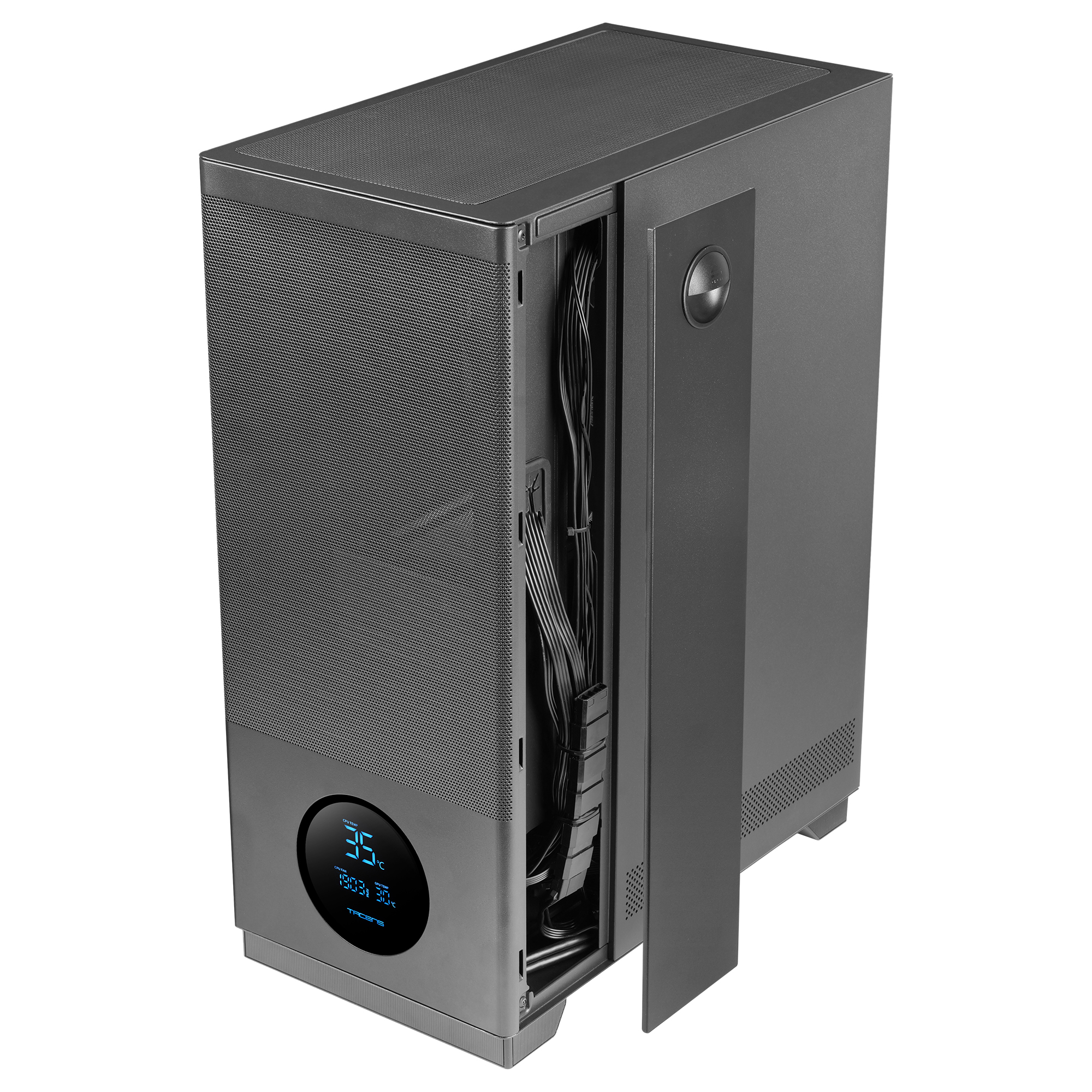Szara obudowa komputera z otwartym bokiem pokazującym kable. Okrągły wyświetlacz cyfrowy pokazuje temperaturę procesora.