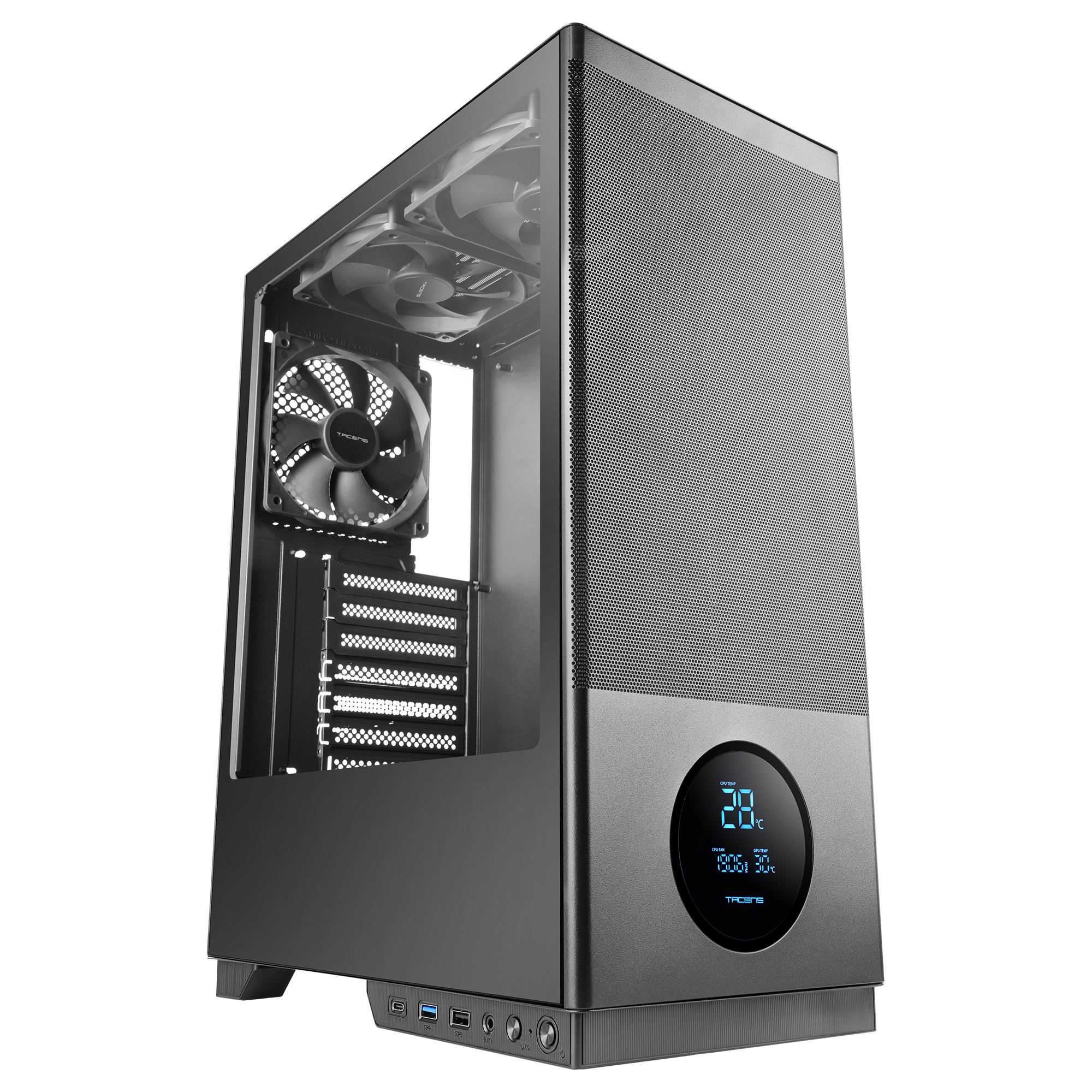Obudowa komputera z wentylatorami i cyfrowym wyświetlaczem pokazującym odczyty temperatury. Jest szary i czarny.