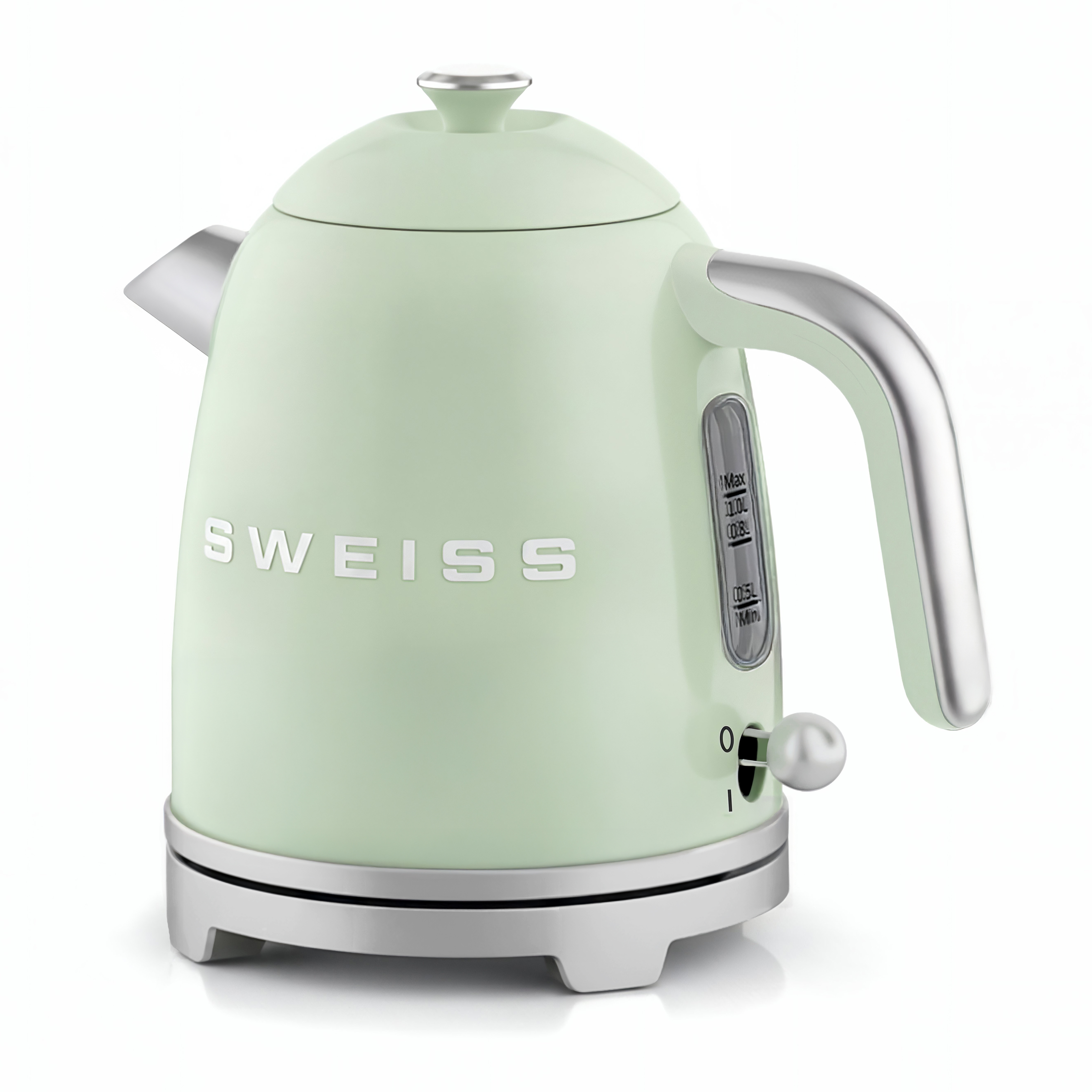 Ein mintgrüner Wasserkocher mit silbernen Akzenten steht vor einem weißen Hintergrund. Der Markenname ist Sveiss.