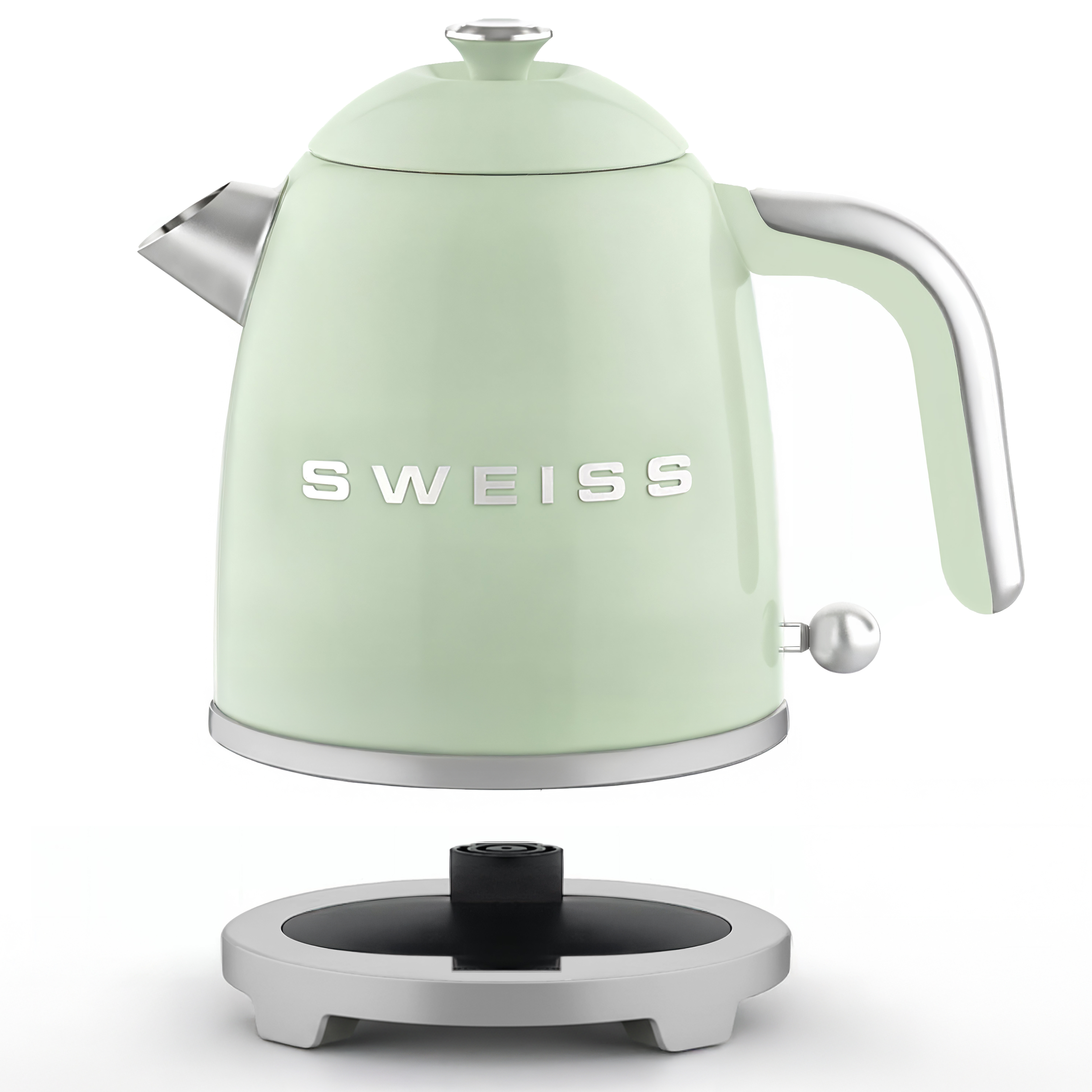 Ein mintgrüner Wasserkocher mit silbernem Griff, Ausguss und Akzenten auf weißem Hintergrund.