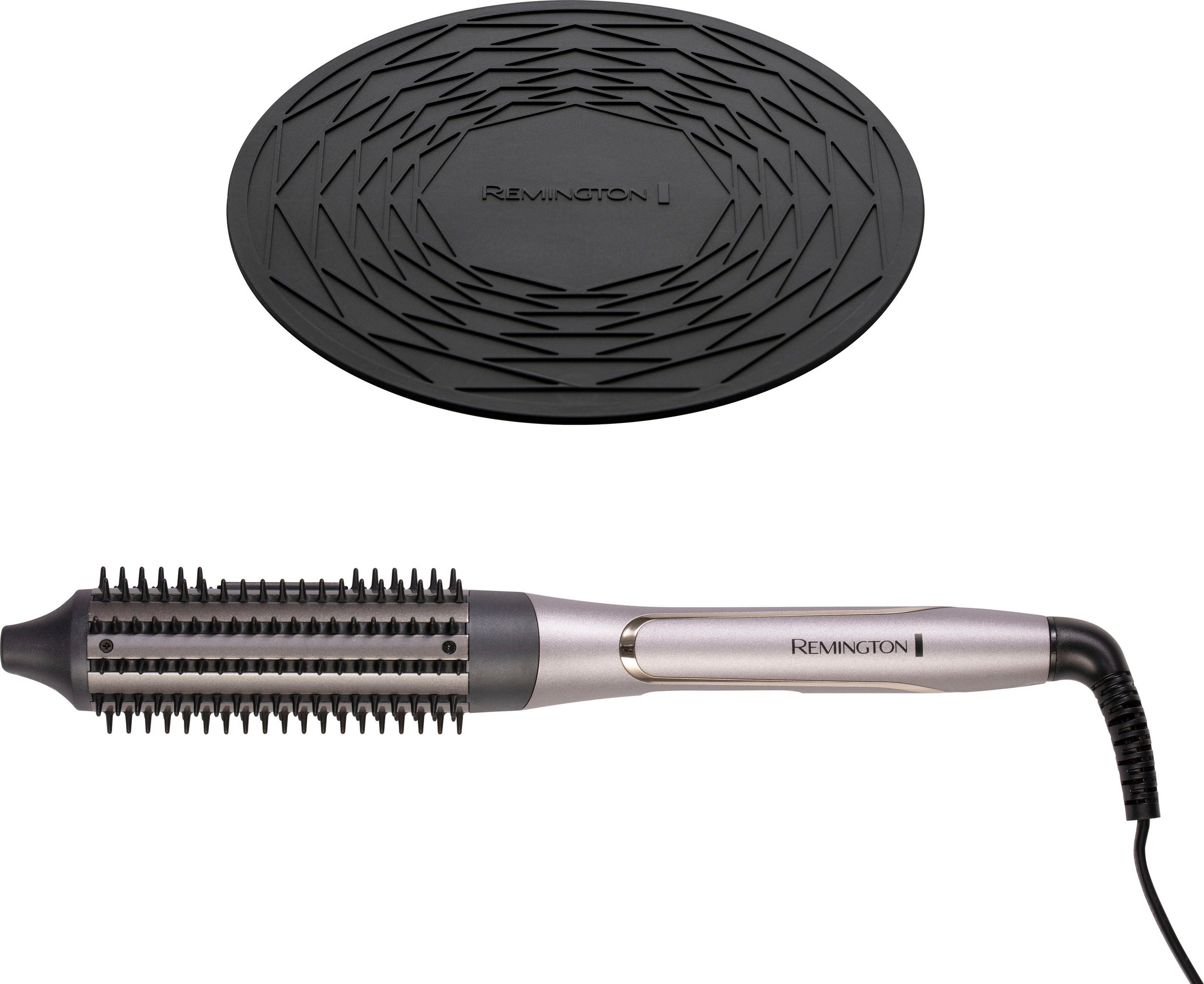 Saç şekillendirme araçları. Siyah dokulu mat ve Remington saç maşası, gri ve siyah, siyah kablolu.