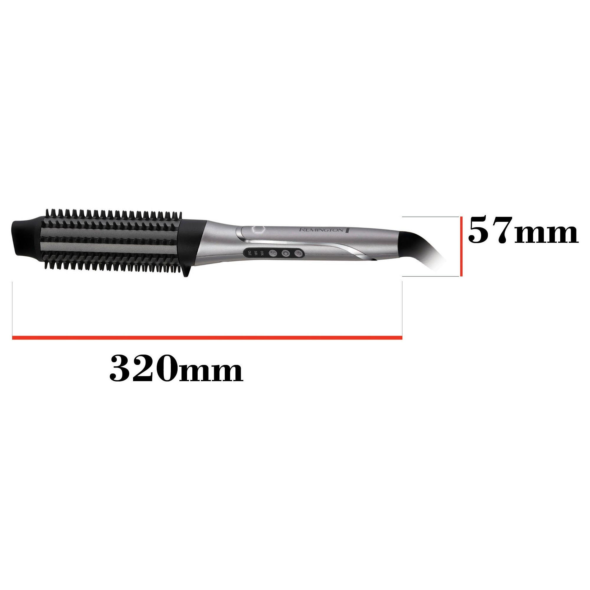 Ölçüleri: 320mm uzunluğunda ve 57mm genişliğinde Remington saç şekillendirici. Beyaz zemin üzerinde gümüş ve siyah renklerde.
