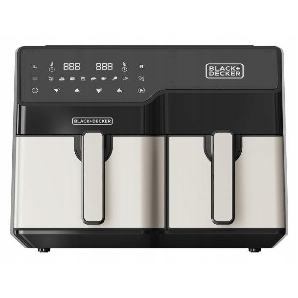 Ein Black+Decker Doppelkorb-Luftfritteuse. Sie hat einen schwarzen oberen Bereich mit Display und zwei cremefarbene Körbe.