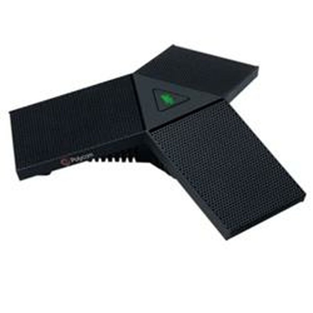 Un microfono per conferenze nero con tre pannelli. Una luce verde è sul pannello superiore. Il logo Polycom è visibile.