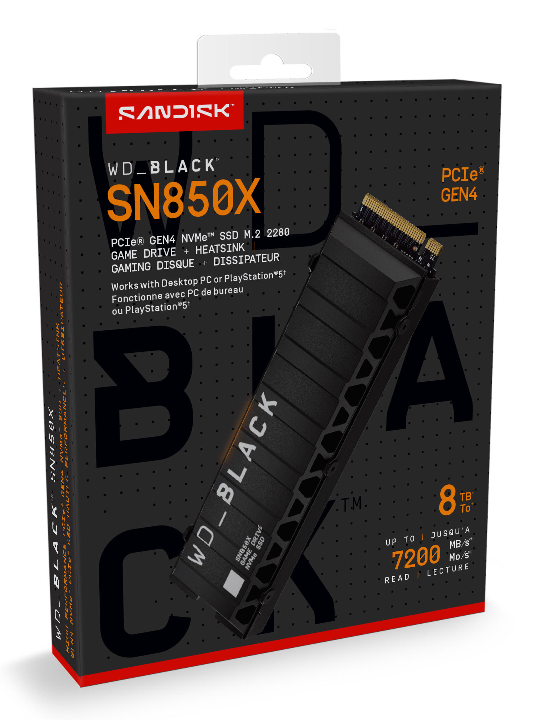 Caja de SSD WD_BLACK SN850X. Muestra detalles del producto, incluido la unidad y la marca Sandisk.