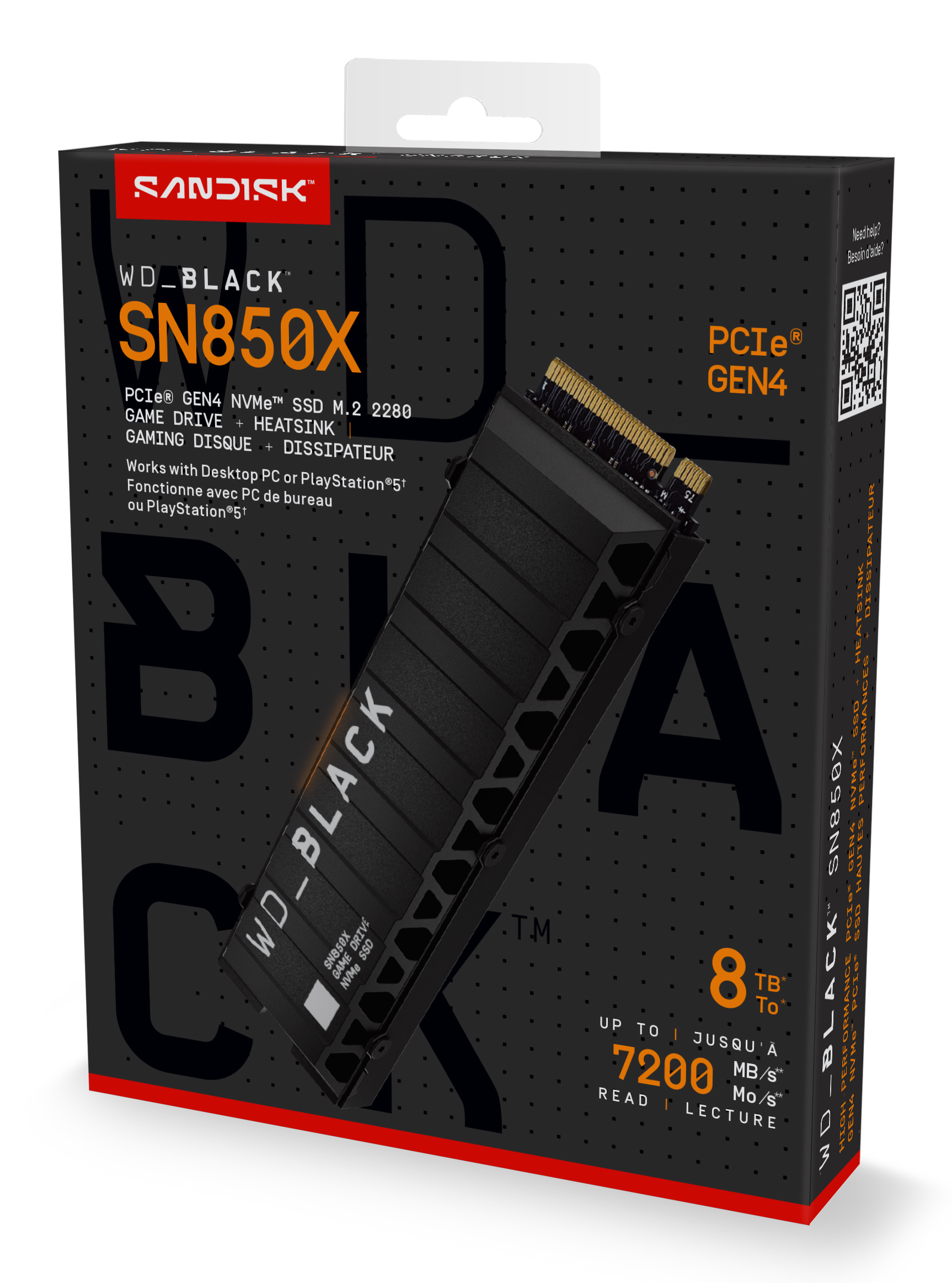 Una caja negra y roja con 'WD_BLACK SN850X' y una SSD PCIe Gen4. Tiene un disipador y lee 7200 MB/s.