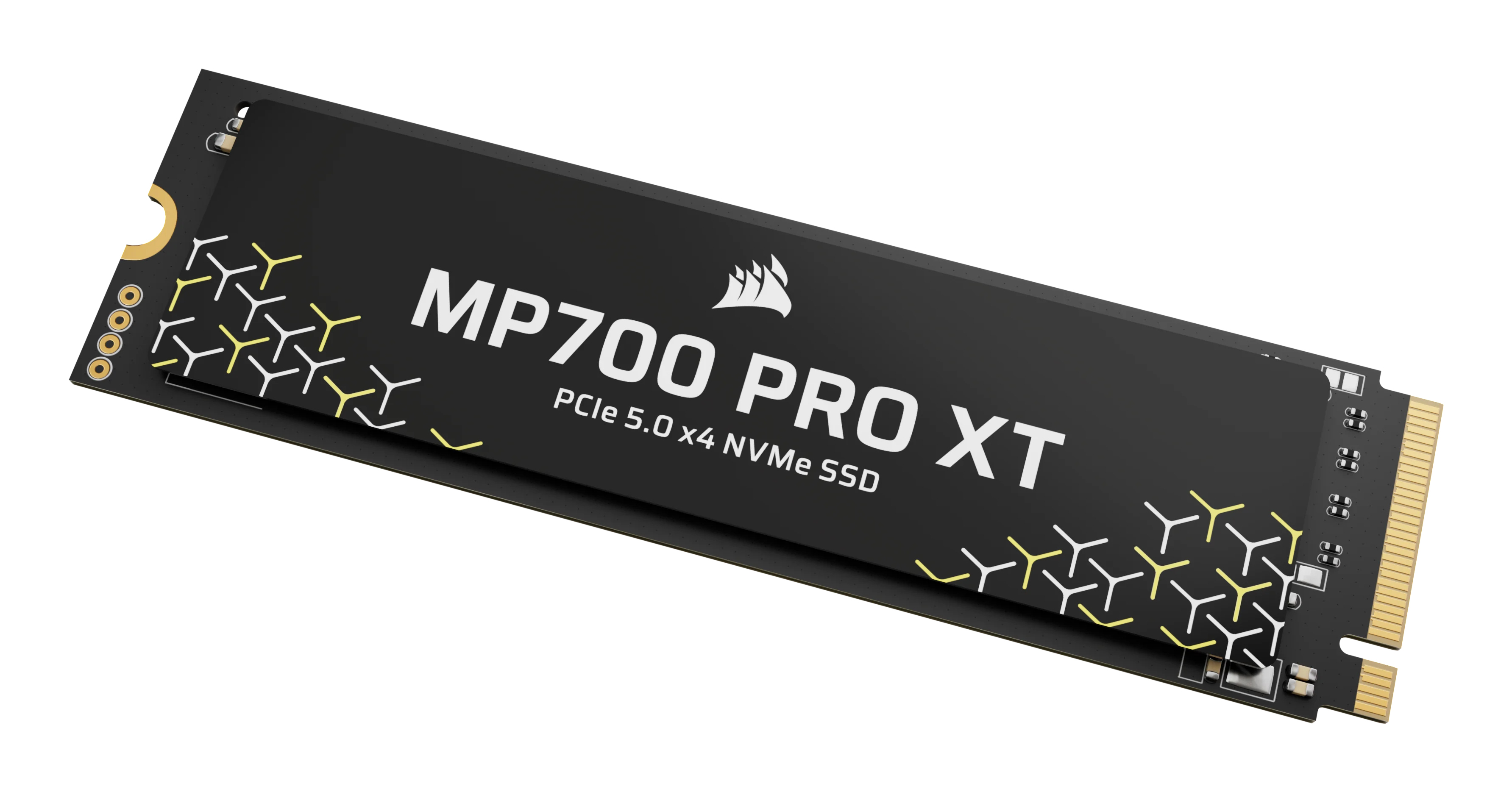 Czarny Corsair MP700 PRO XT PCIe 5.0 x4 NVMe SSD. Białe i żółte geometryczne wzory. Biały tekst: MP700 PRO XT.