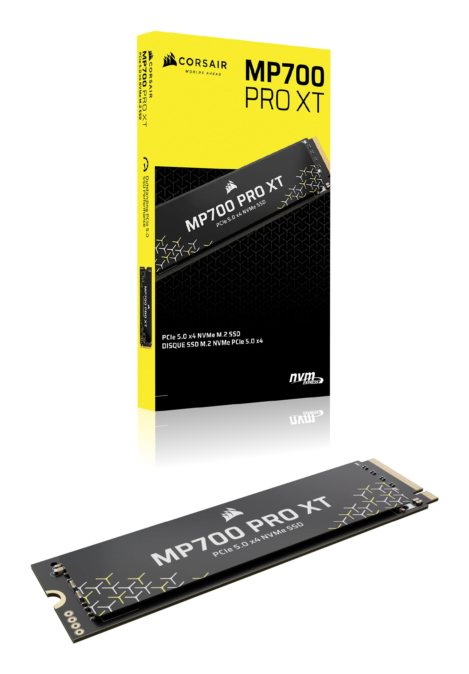 Żółte i czarne pudełko oraz czarny dysk SSD z napisem MP700 PRO XT na białym tle.