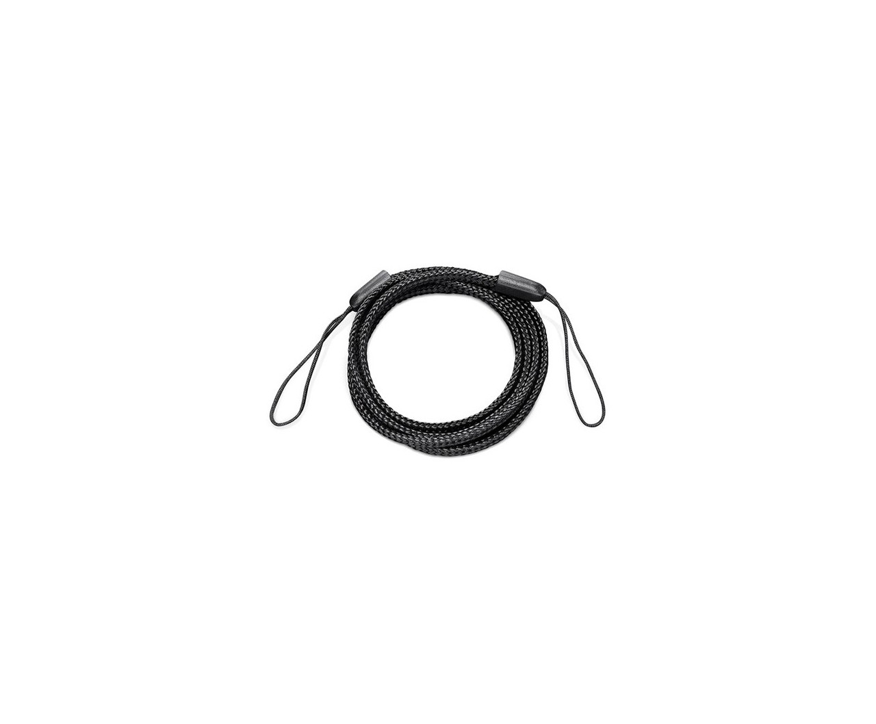 Un cinturino da polso nero arrotolato per fotocamera giace su sfondo bianco. Il cinturino ha un'asola ad ogni estremità e un connettore.