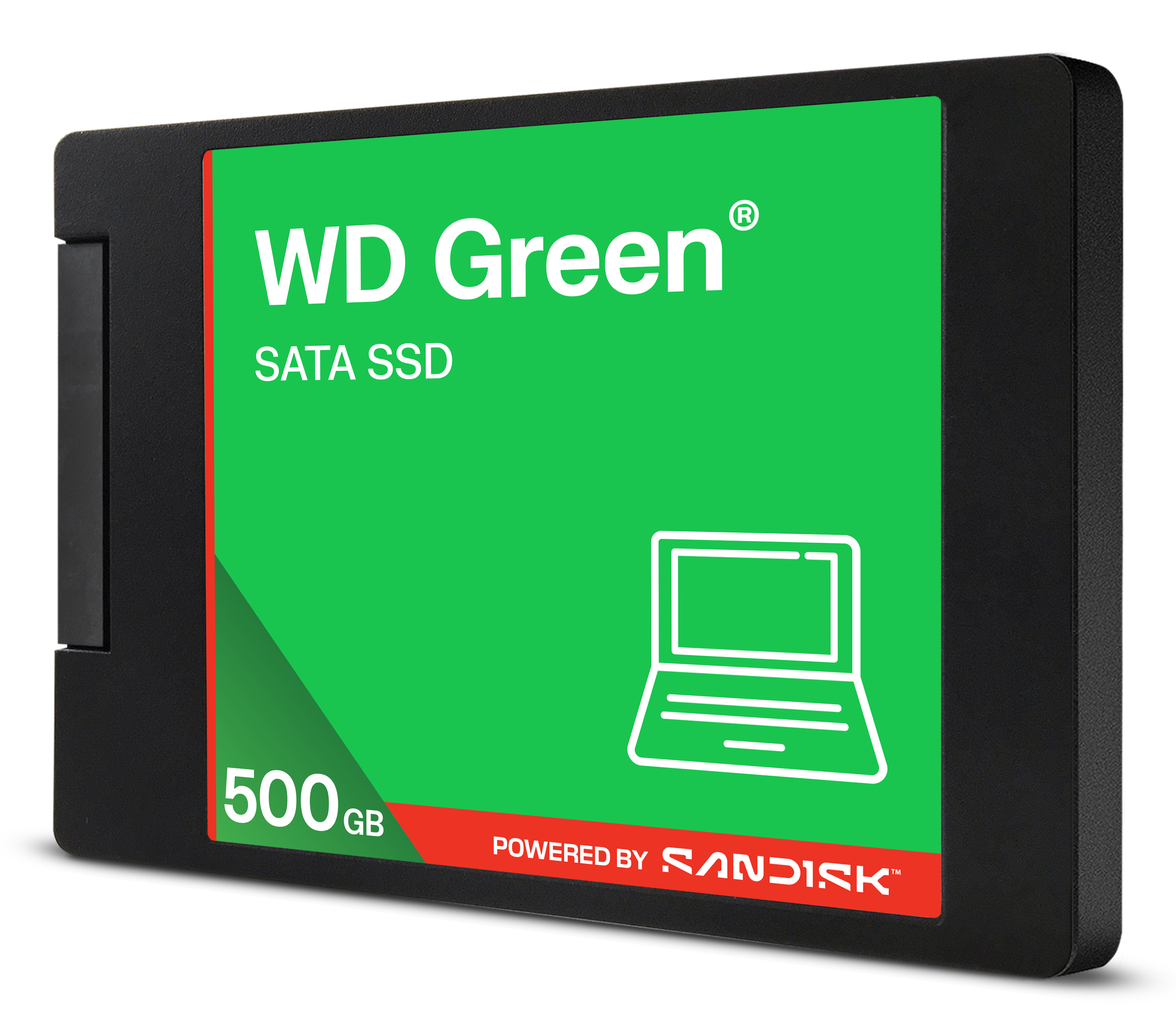 WD Green SATA SSD. Czarna obudowa z zieloną etykietą. Biały tekst i ikona laptopa. Pojemność 500GB. Powered by Sandisk.
