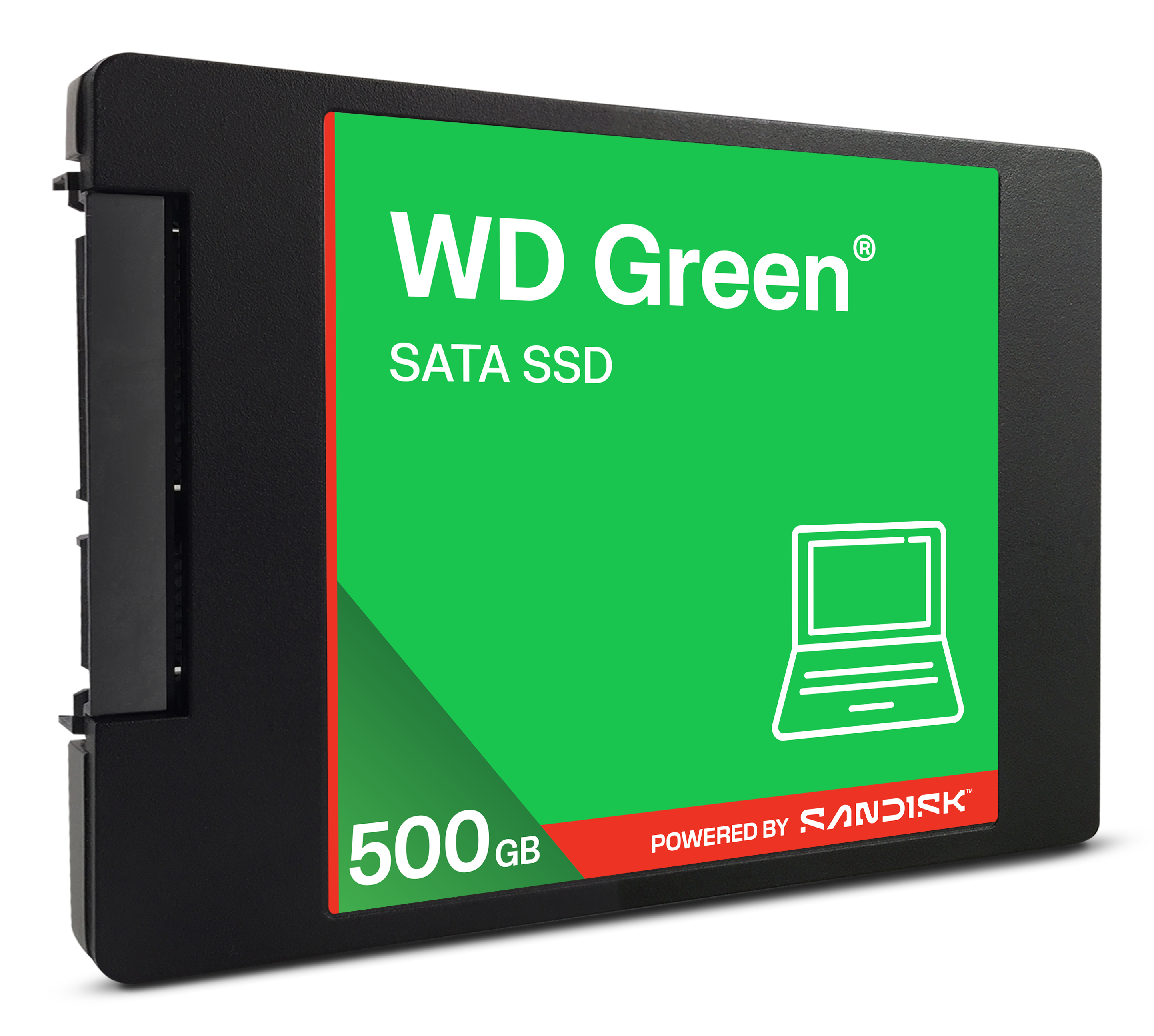 Czarny dysk SSD z zieloną etykietą. Widnieje na niej napis WD Green, SATA SSD, 500GB i Powered by SanDisk.