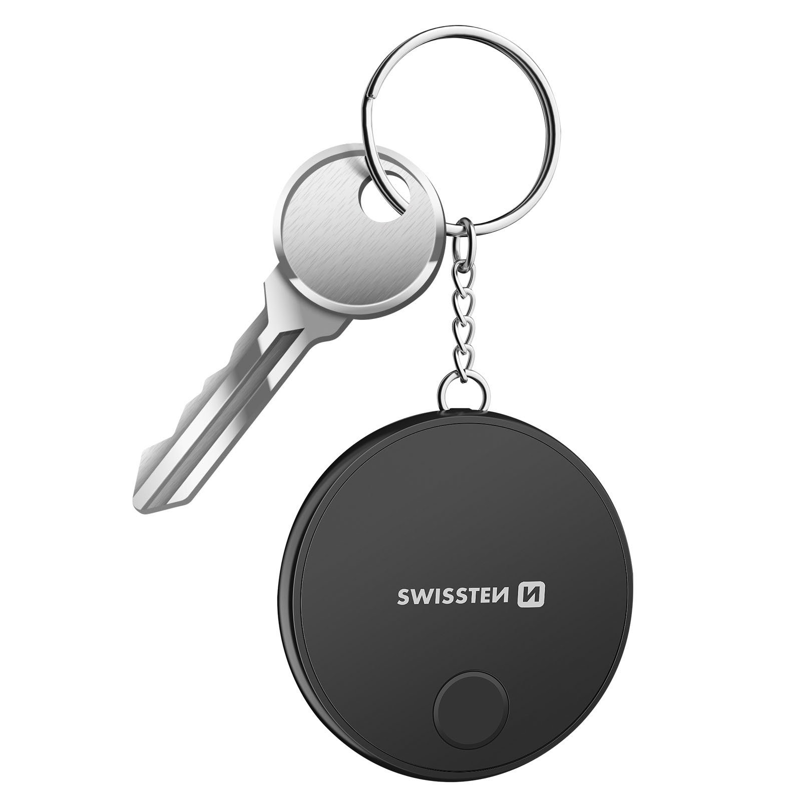 Una chiave con testa rotonda è attaccata a un portachiavi e a un disco nero con la parola Swisssten.