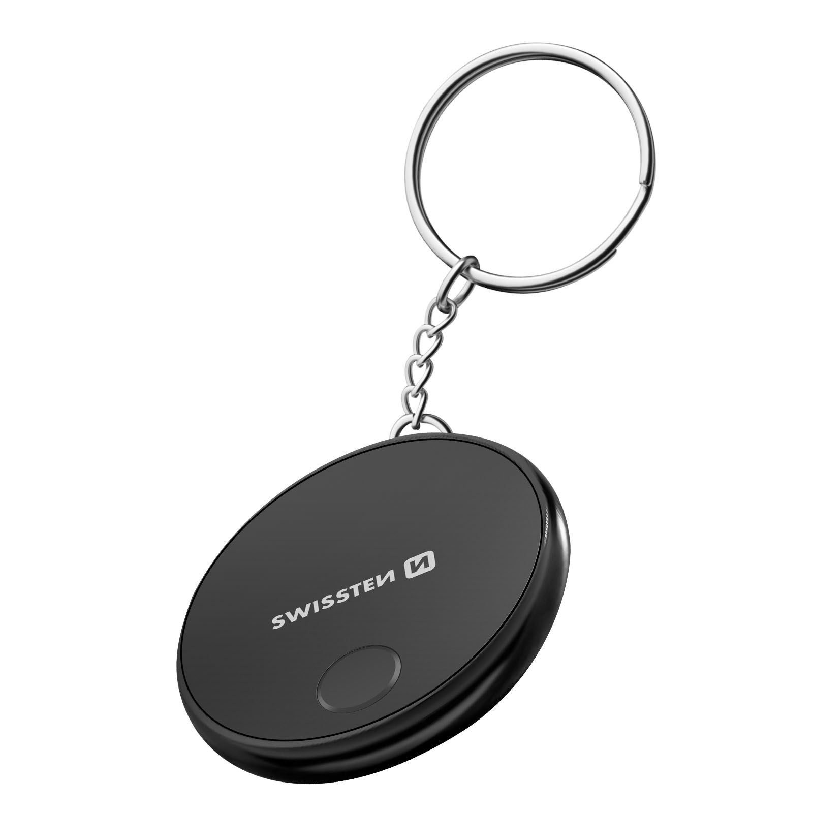 Un portachiavi Swisssten nero con portachiavi argentato. Il portachiavi è di forma ovale e ha un pulsante.