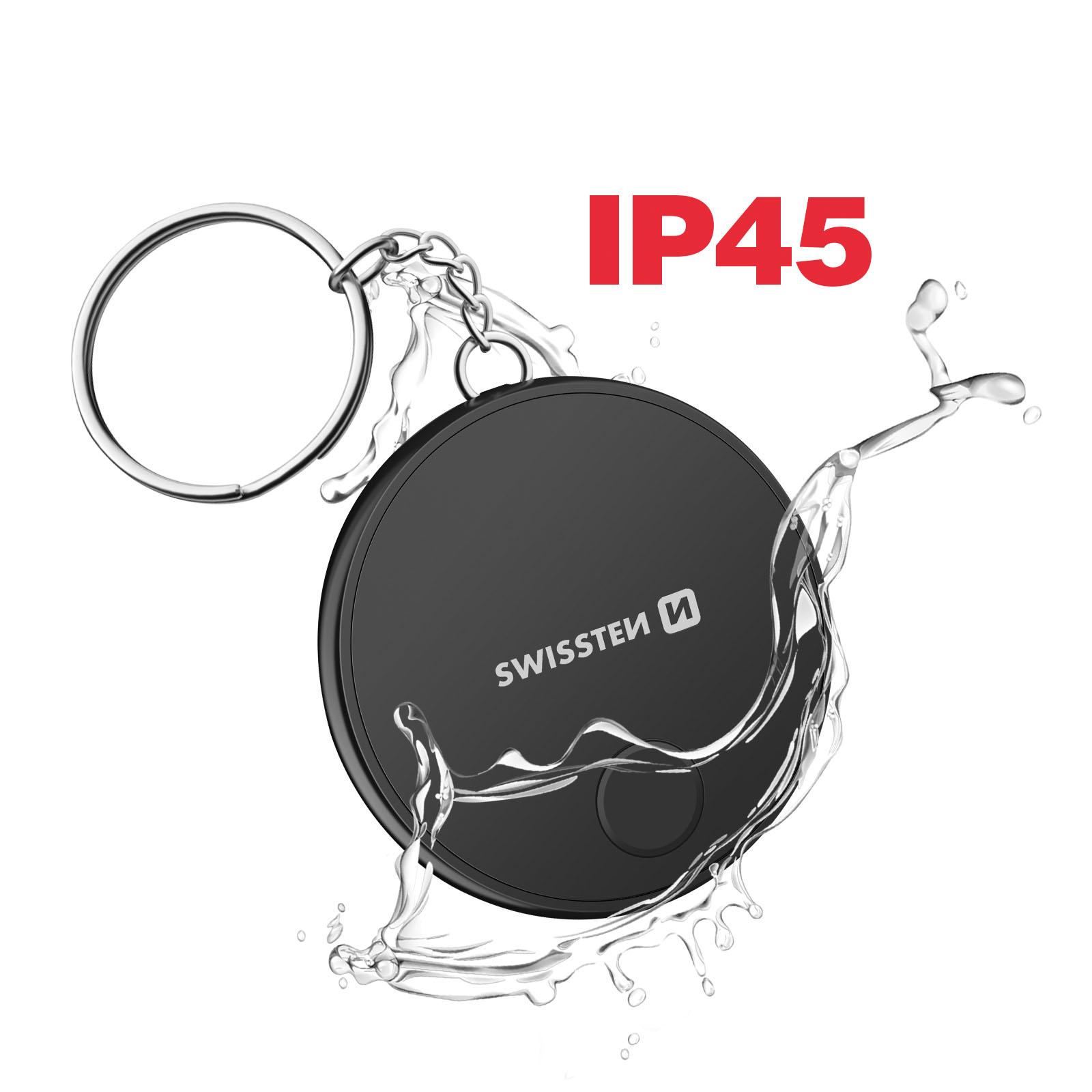 Un dispositivo circolare nero con schizzi d'acqua intorno, un portachiavi e la scritta 'IP45'.