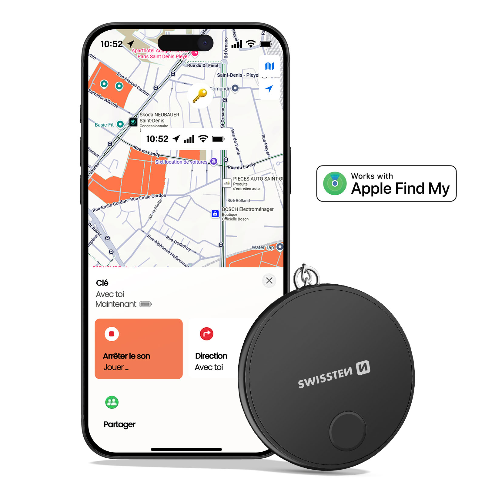 Un telefono mostra una mappa con la posizione di una chiave e un tracker Swissten nero. Lo schermo mostra l'icona della chiave.