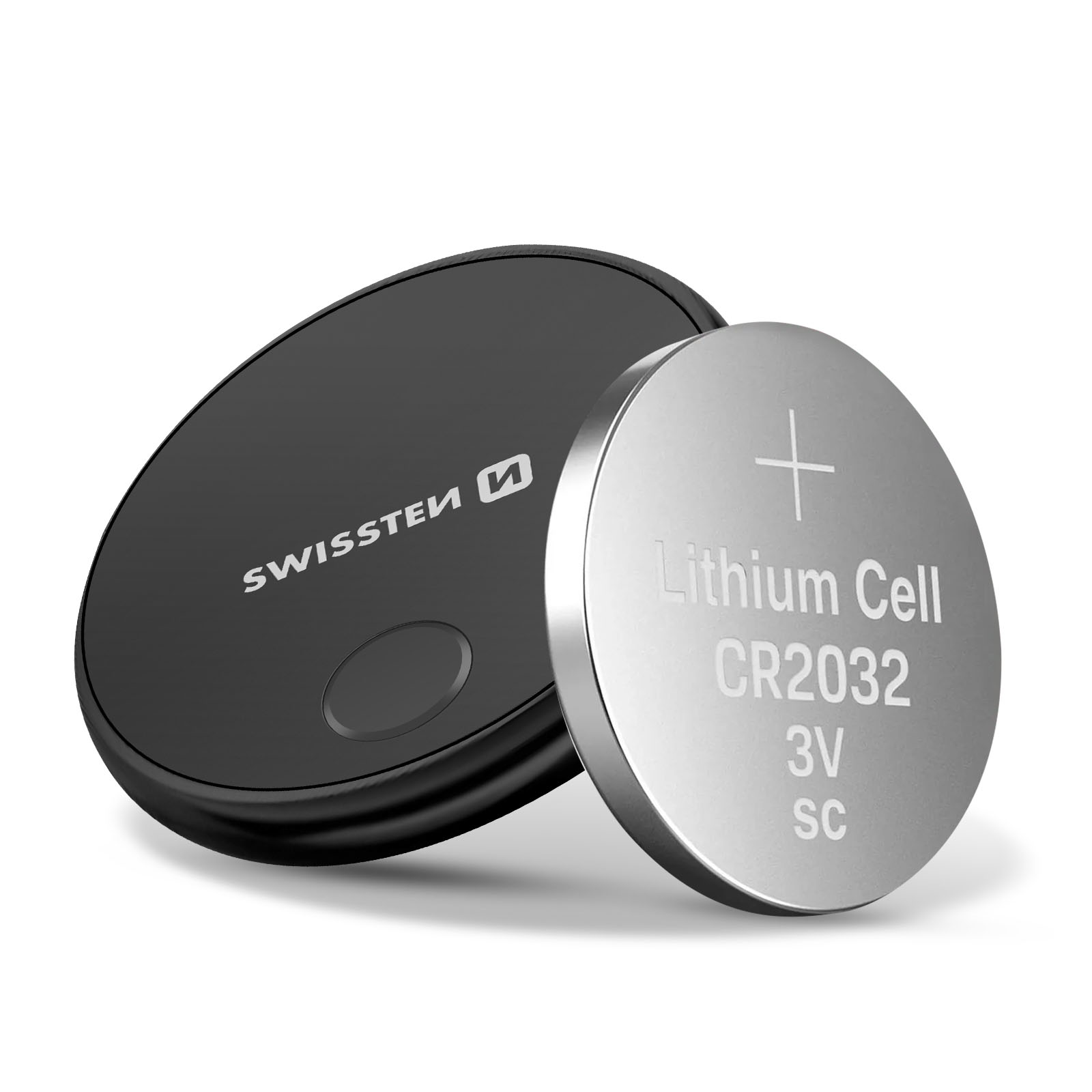 Un dispositivo nero con una batteria argentata. La batteria riporta la scritta 'Lithium Cell CR2032 3V SC'.