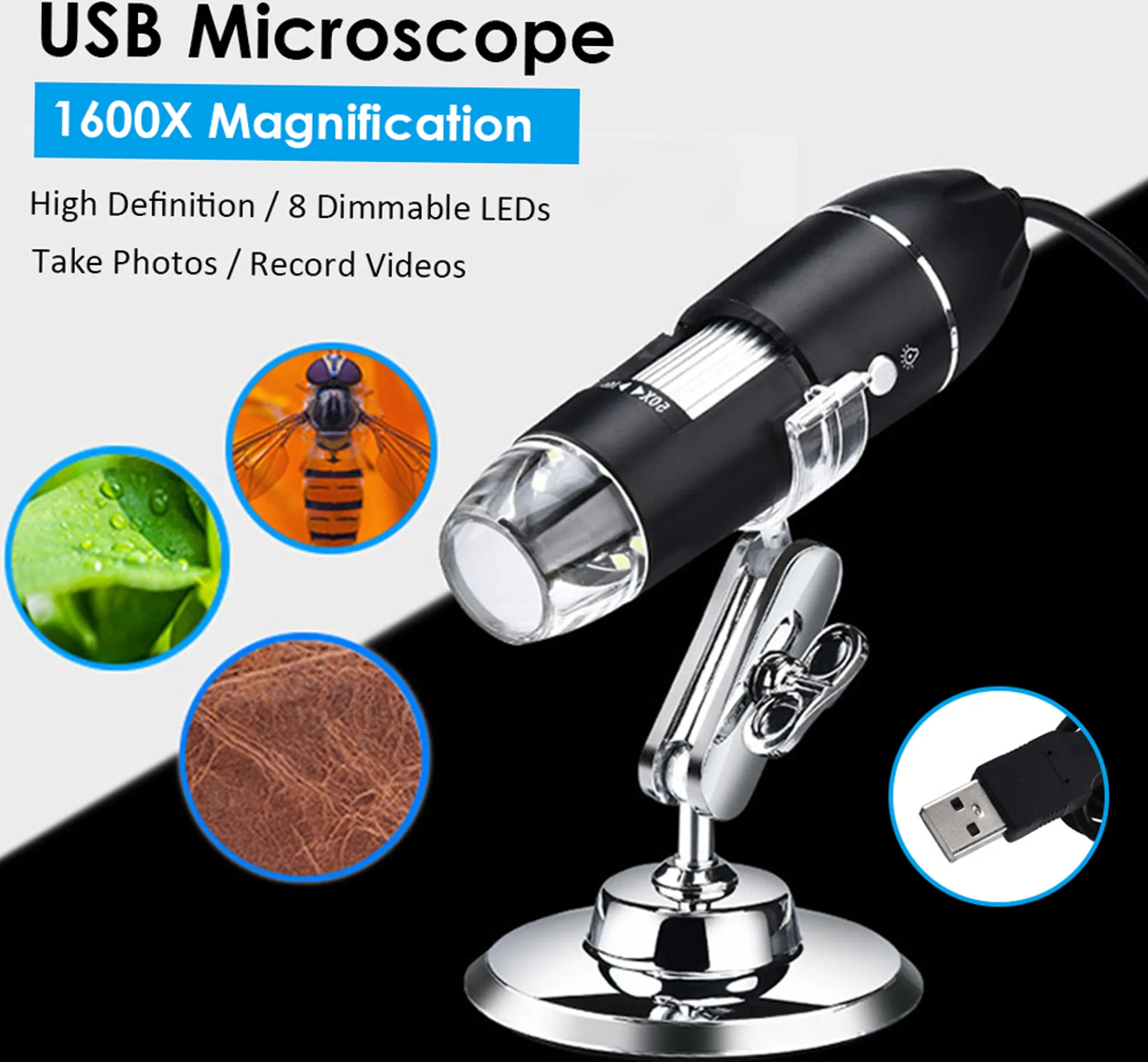 Ein USB-Mikroskop mit 1600-facher Vergrößerung, schwarzem Körper, silbernem Ständer und drei kreisförmigen Objektbildern.