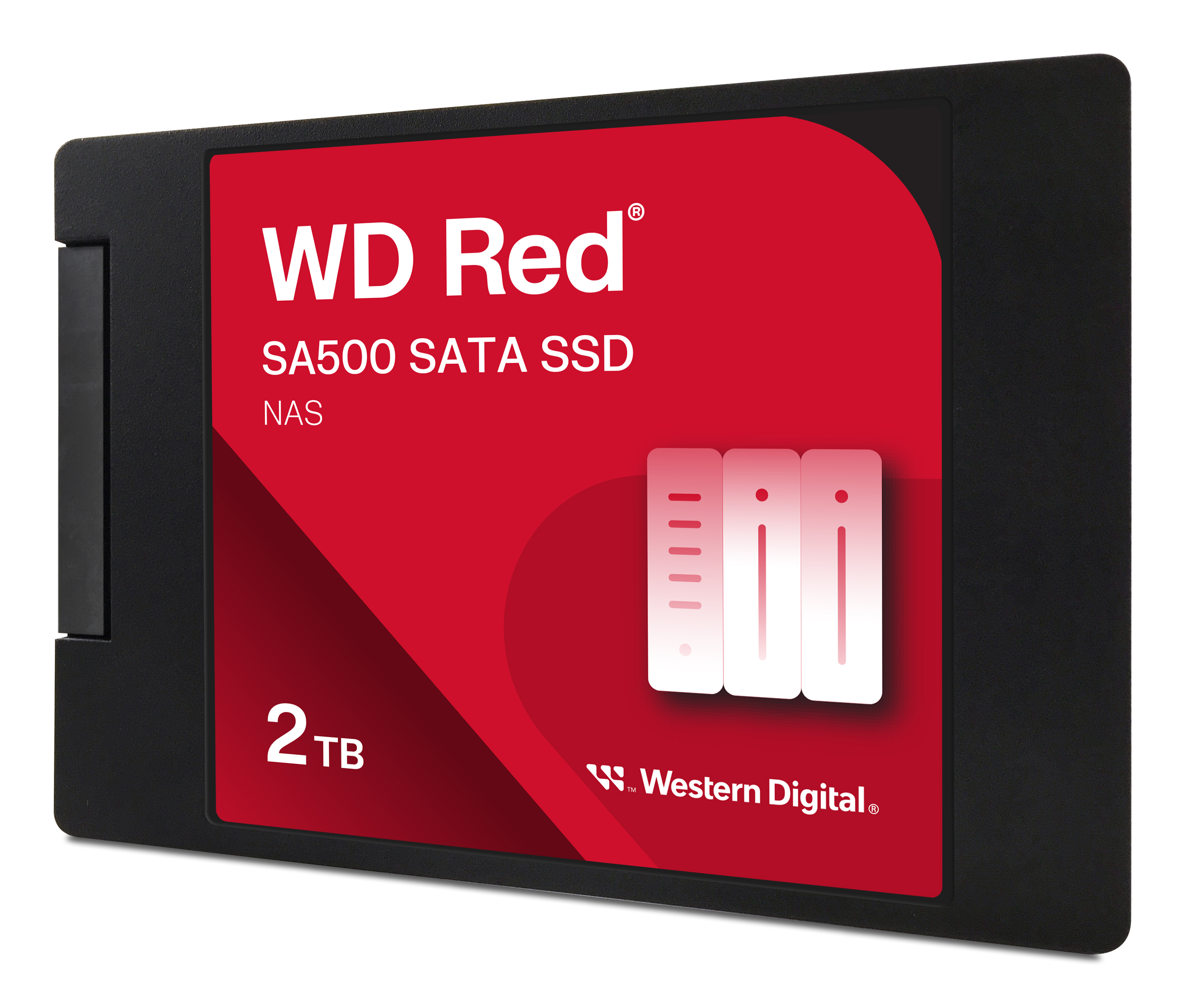 WD Red SA500 SATA SSD, 2 TB, NAS. Schwarzes Laufwerk mit rotem Etikett. Weißer Text und Grafiken auf dem Etikett.