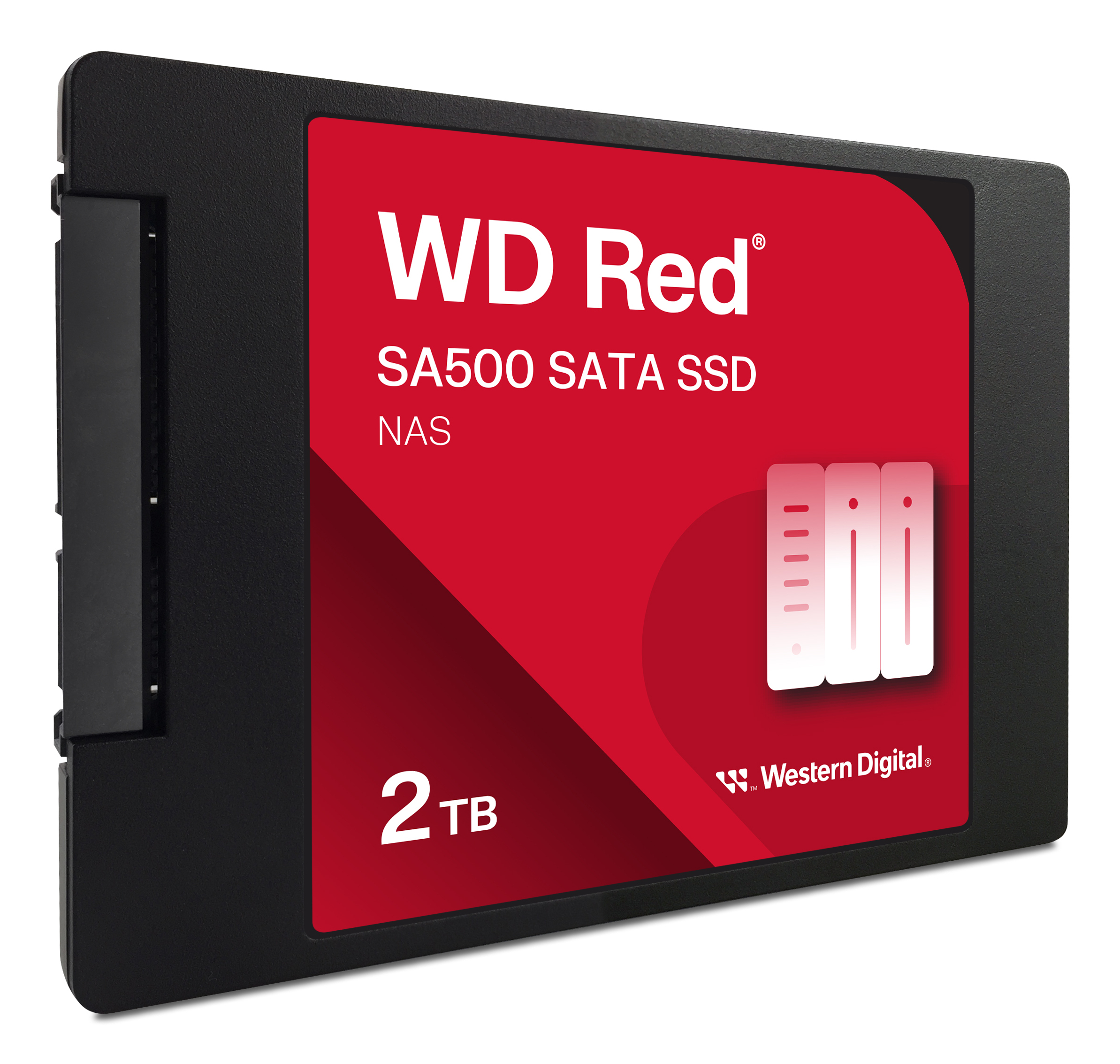 WD Red SA500 SATA SSD, 2TB, schwarzes Gehäuse mit rotem Etikett, weißer Text und Western Digital Logo.