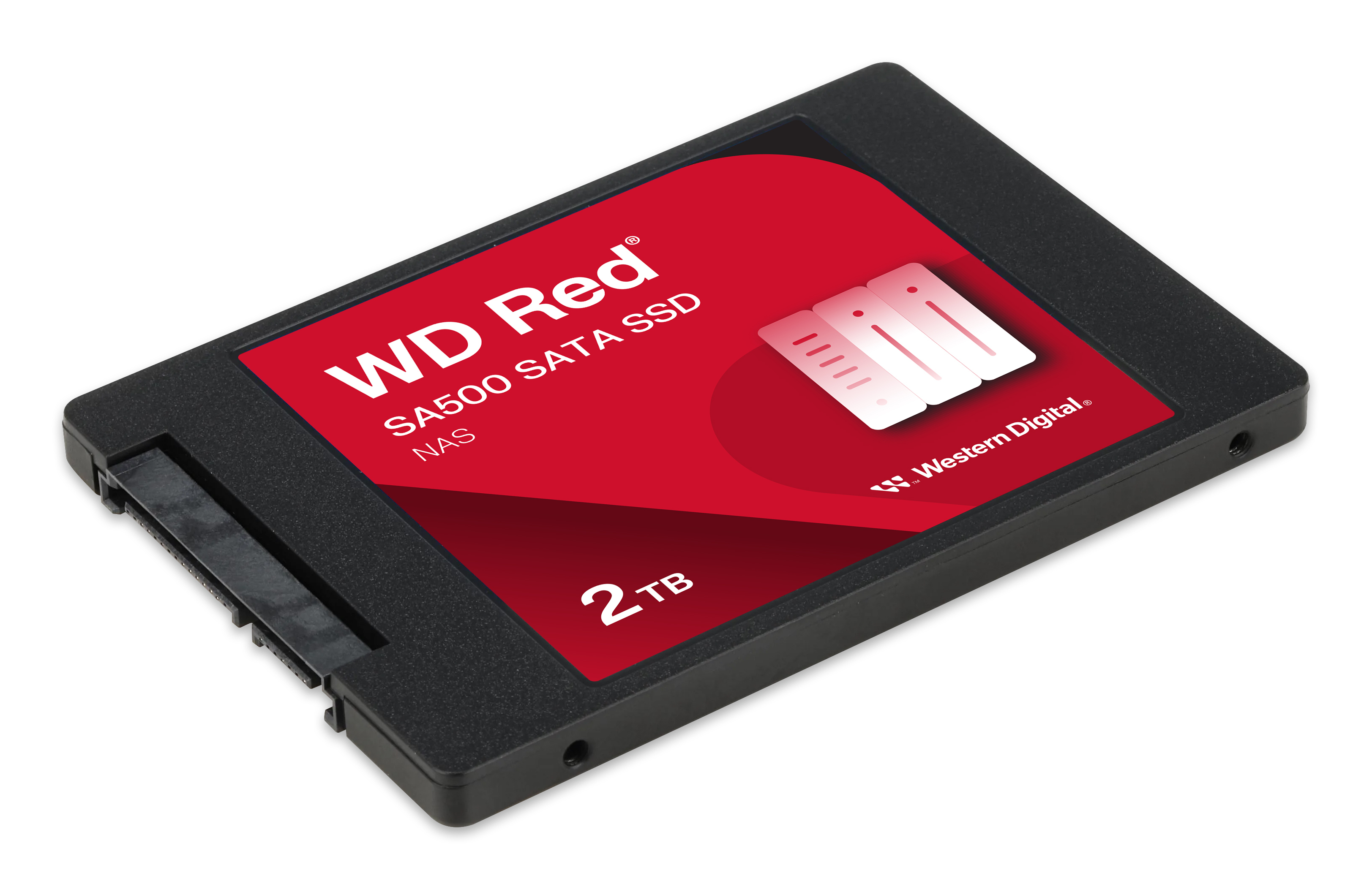 Eine WD Red SA500 SATA SSD mit 2TB Kapazität. Die SSD ist schwarz mit einem roten Etikett mit dem WD Red Logo.