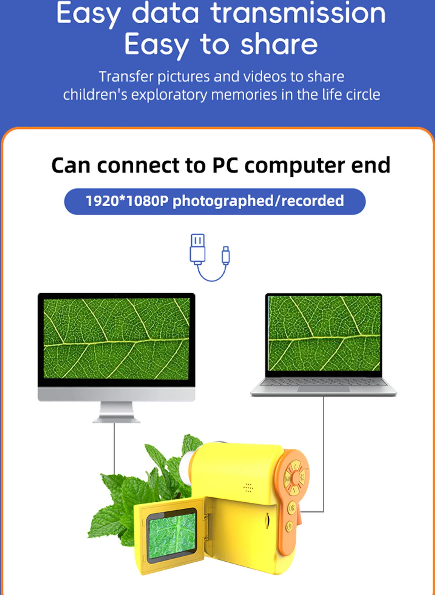 Diagramm, das eine Kamera zeigt, die mit einem Computer und Laptop verbunden ist und eine Nahaufnahme eines Blattes zeigt. Text: Einfache Datenübertragung.