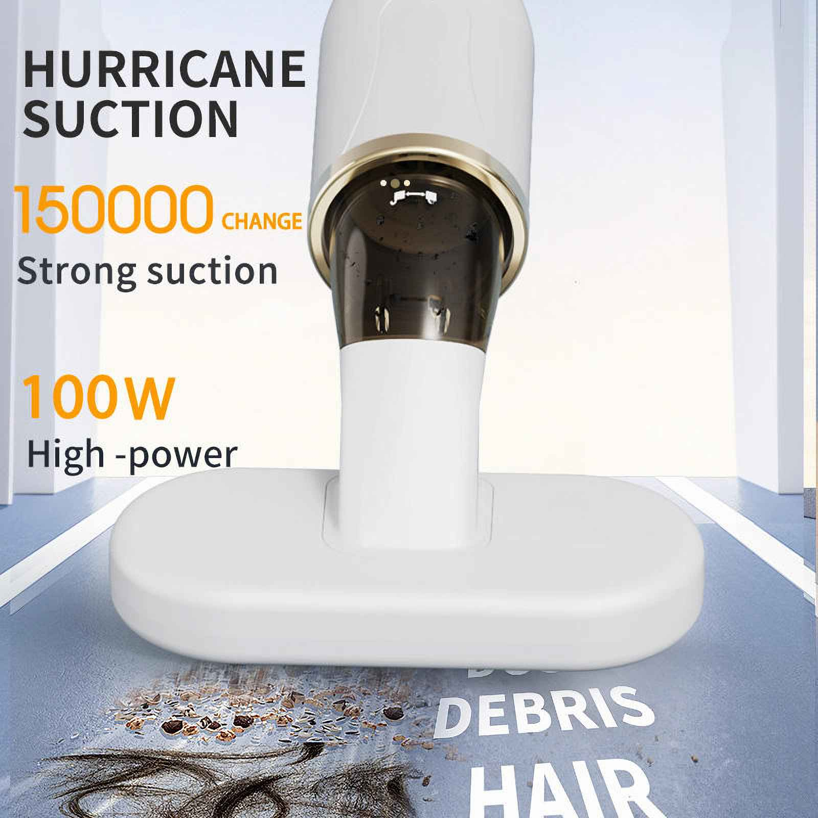 Ein weißer und goldener Staubsauger wird gezeigt, mit Text wie 'Hurricane Suction', '150000' und '100W'. Haare und Ablagerungen liegen auf dem Boden.