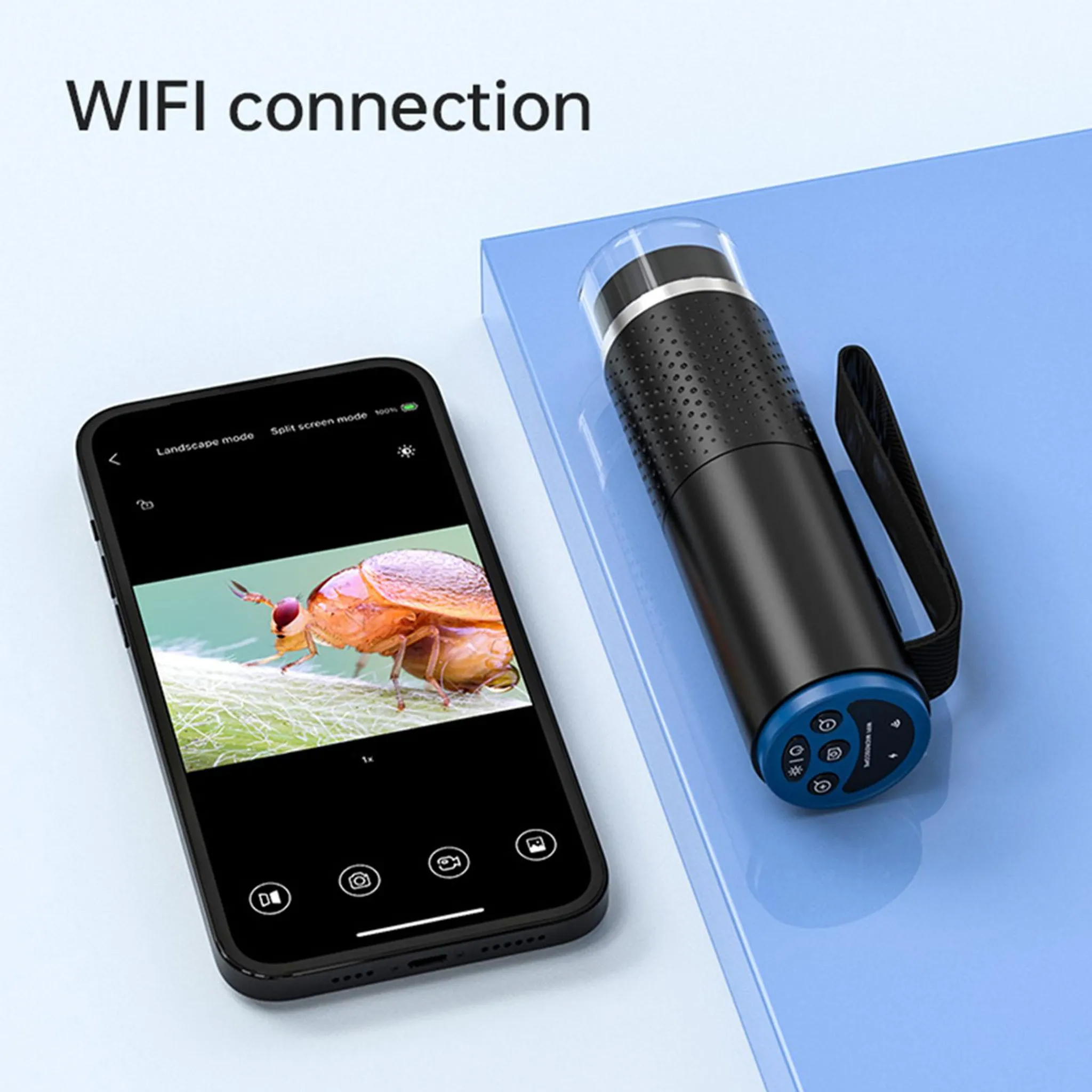 Ein Telefon, das ein Käferbild anzeigt, ein schwarz-blaues Mikroskop, alles auf einer blauen Oberfläche, mit Text: „WIFI-Verbindung“.