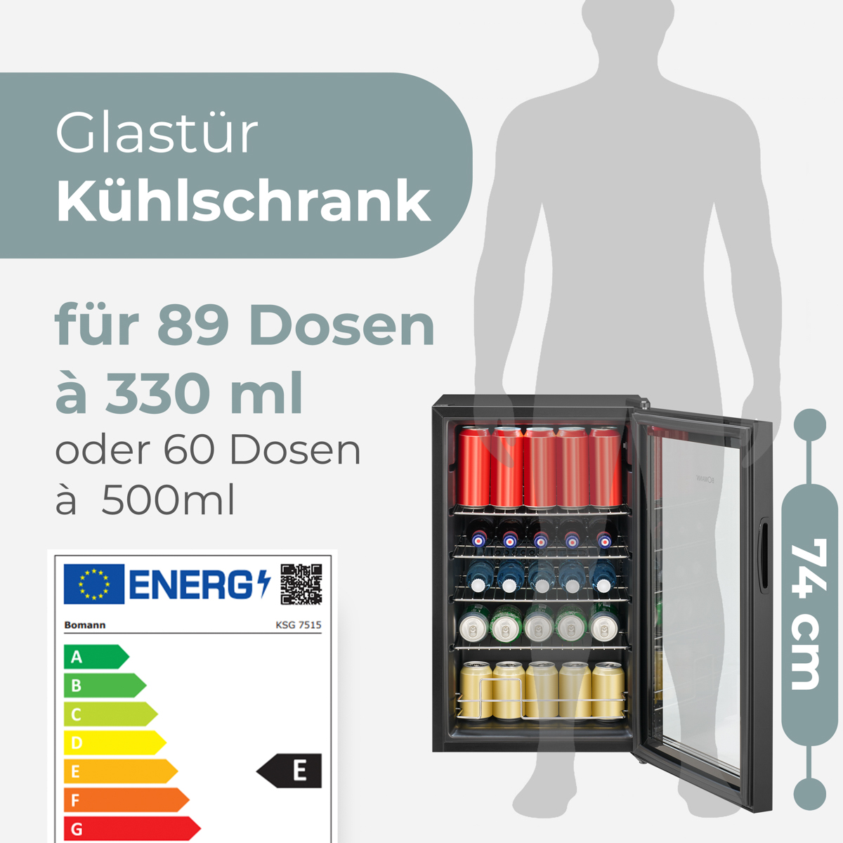 Kleiner schwarzer Kühlschrank mit Glastür, gefüllt mit Dosen und Flaschen. Energieetikett links. Text oben: Glastür Kühlschrank.
