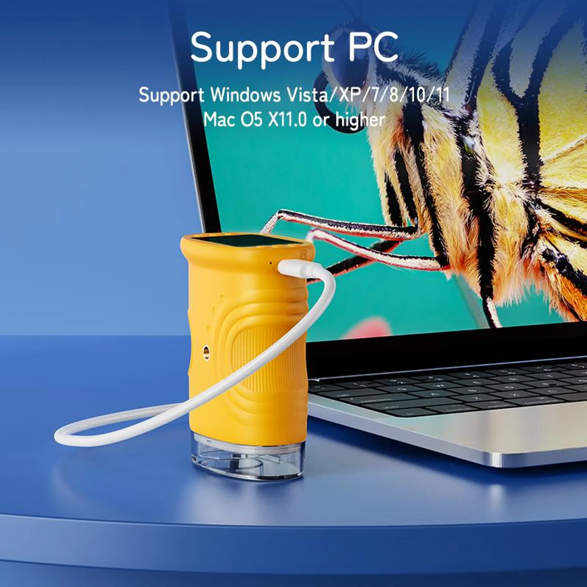 Ein gelbes Gerät ist mit einem weißen Kabel an einen Laptop angeschlossen. Der Laptop-Bildschirm zeigt einen Schmetterling.