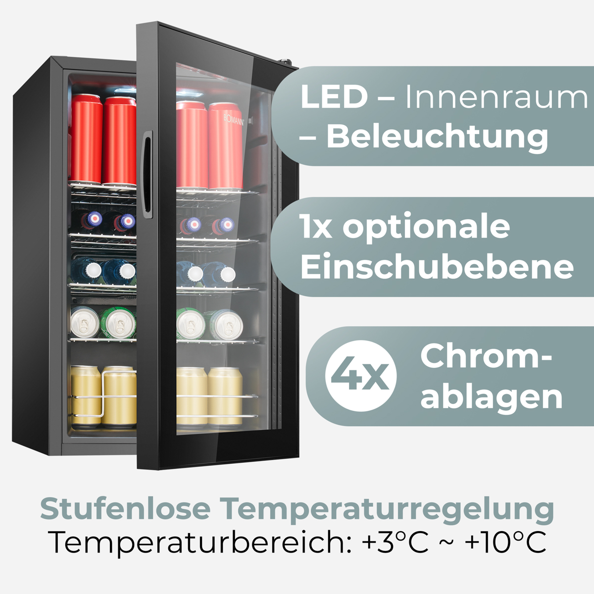 Ein schwarzer Mini-Kühlschrank mit Glastüren, gefüllt mit roten Dosen, Getränken und Bier. Text mit Details zu Funktionen.