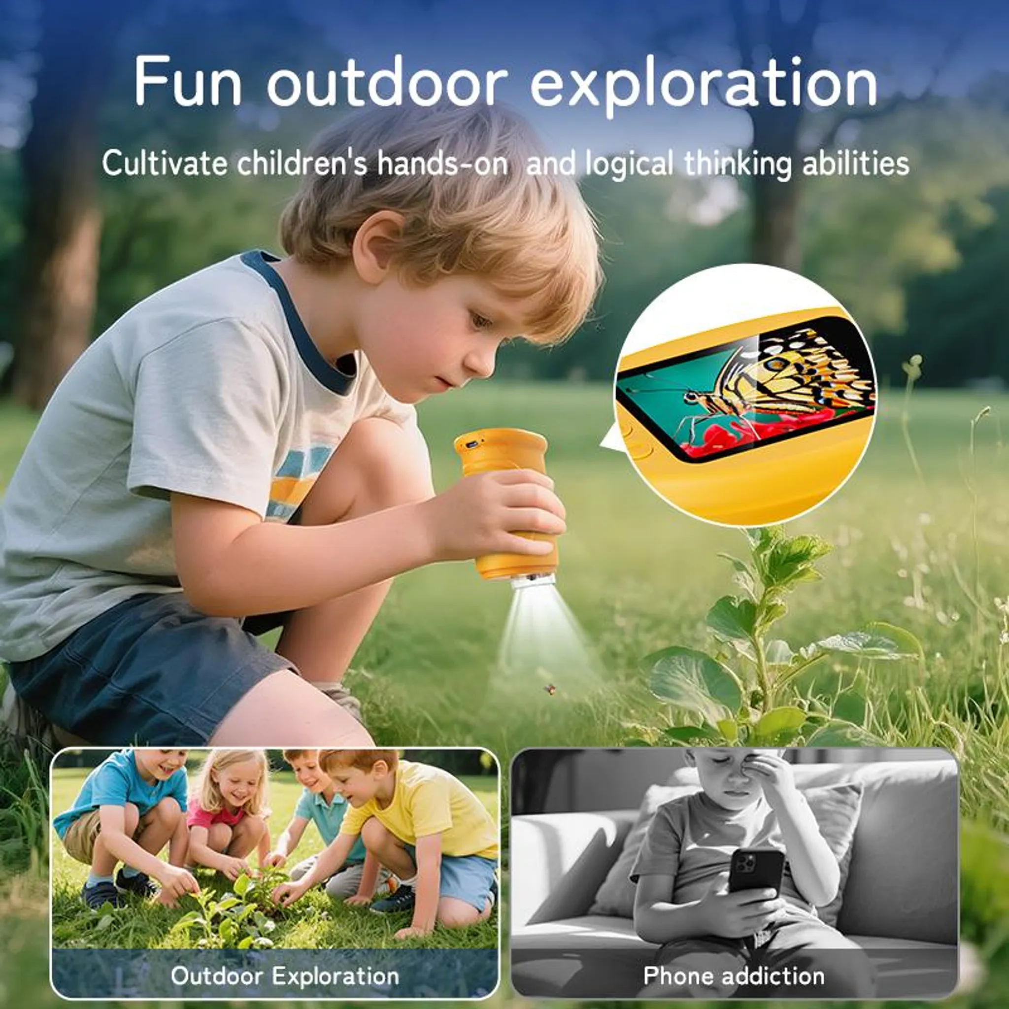 Ein Junge erkundet die Natur mit einem gelben Gerät. Andere Bilder zeigen Kinder, die die Natur erkunden, und einen Jungen mit einem Telefon.