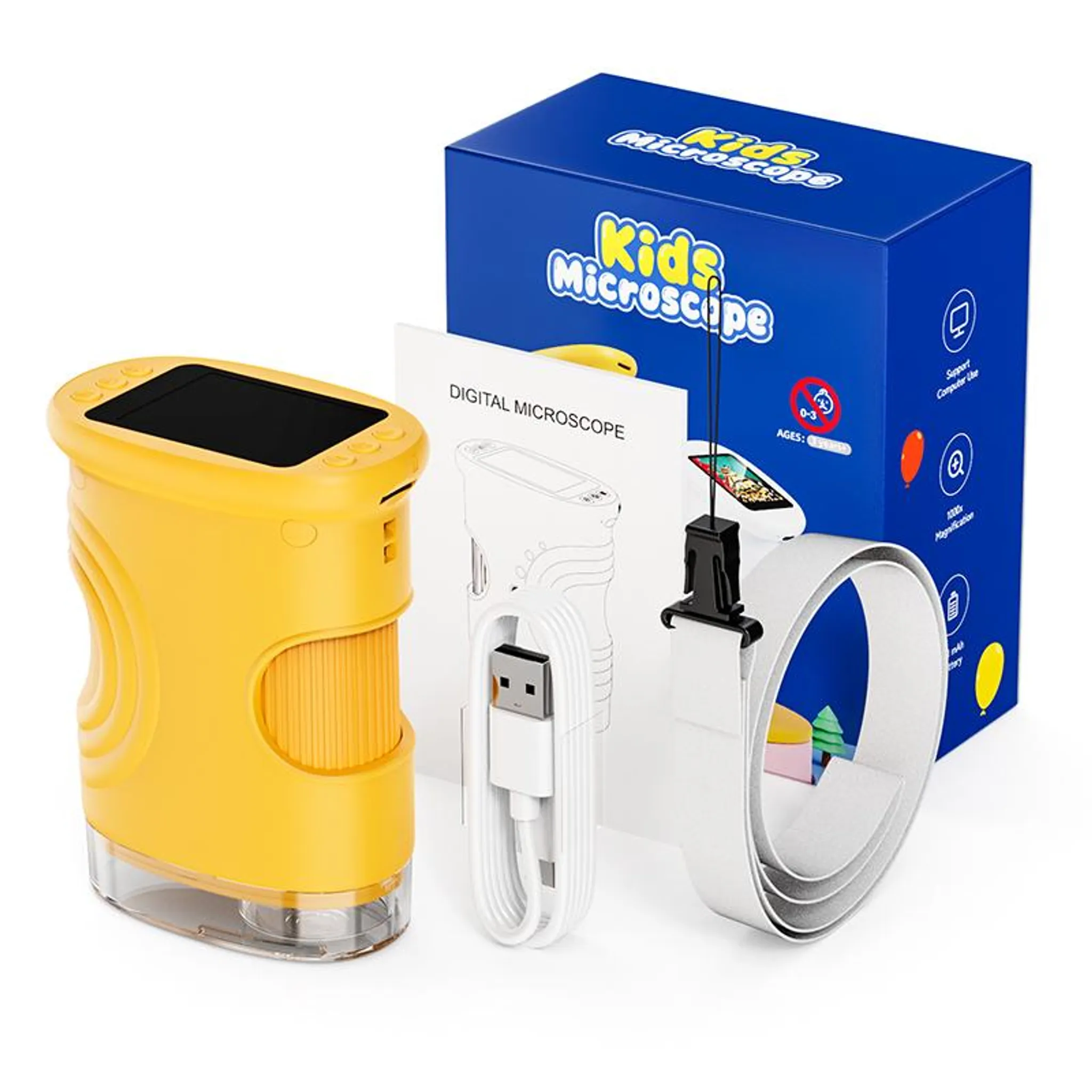 Ein gelbes digitales Kindermikroskop mit einer blauen Box, einem weißen Gurt und einem USB-Kabel. Auf der Box steht 'Kids Microscope'.