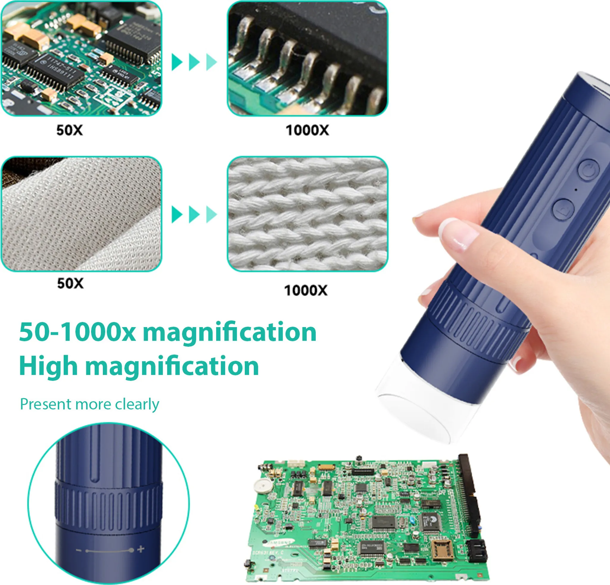 Eine Hand hält ein blaues digitales Mikroskop und zeigt vergrößerte Ansichten einer Platine und eines Stoffes. Text zeigt 50-1000x Vergrößerung.