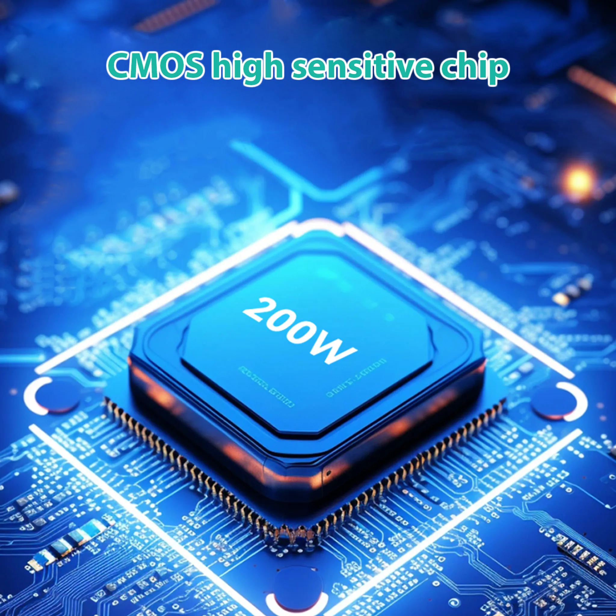Blaue Leiterplatte mit zentralem Chip '200W', Text 'CMOS high sensitive chip' oben.