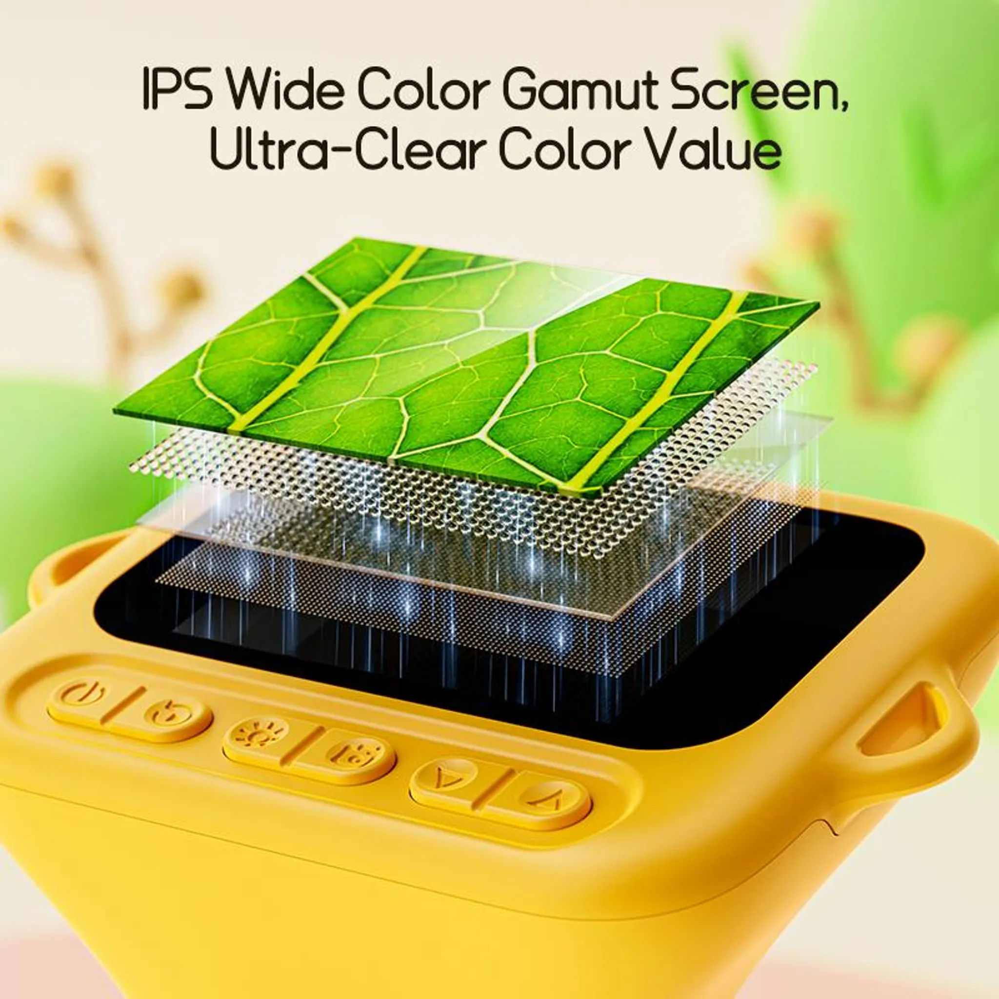 Gelbes Gerät mit Knöpfen, Bildschirmelementen und Blattgrafik. Text: IPS Wide Color Gamut Screen, Ultra-Clear Color Value.
