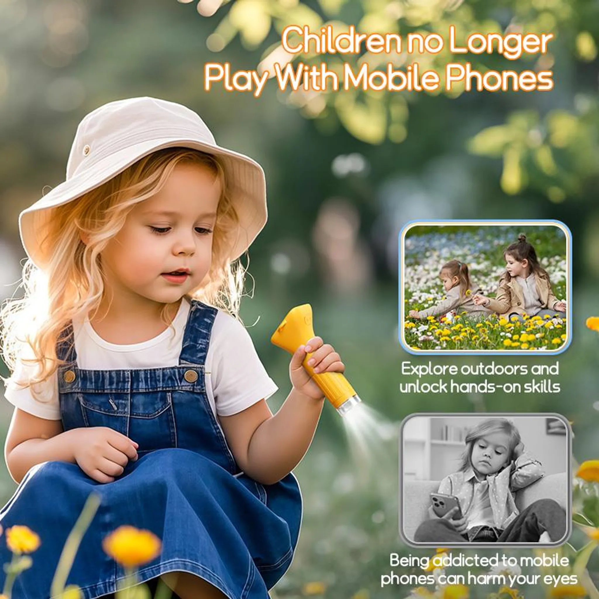 Ein Mädchen mit Hut hält ein gelbes Spielzeug. Text: 'Kinder spielen nicht mehr mit Handys'. Andere Kinder spielen.